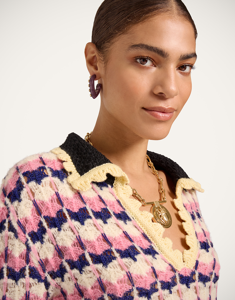 La DoubleJ Long Sleeves Picket Polo Shirt La DoubleJ Long Sleeves Picket Polo Shirt Multicolor Pink & White PUL0293KNI168VA409PI01