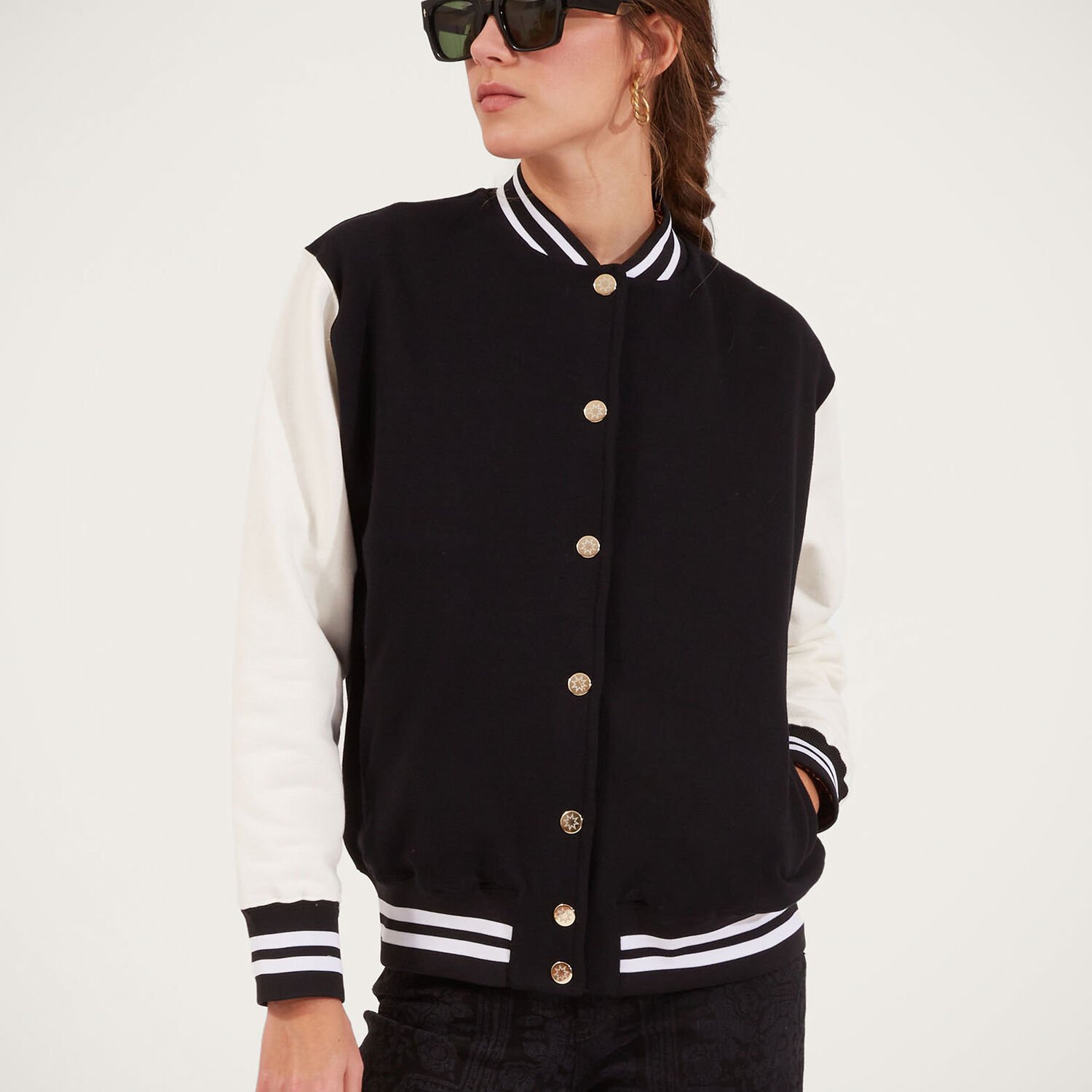La Doublej Embroidered Varsity Bomber In Solid Black