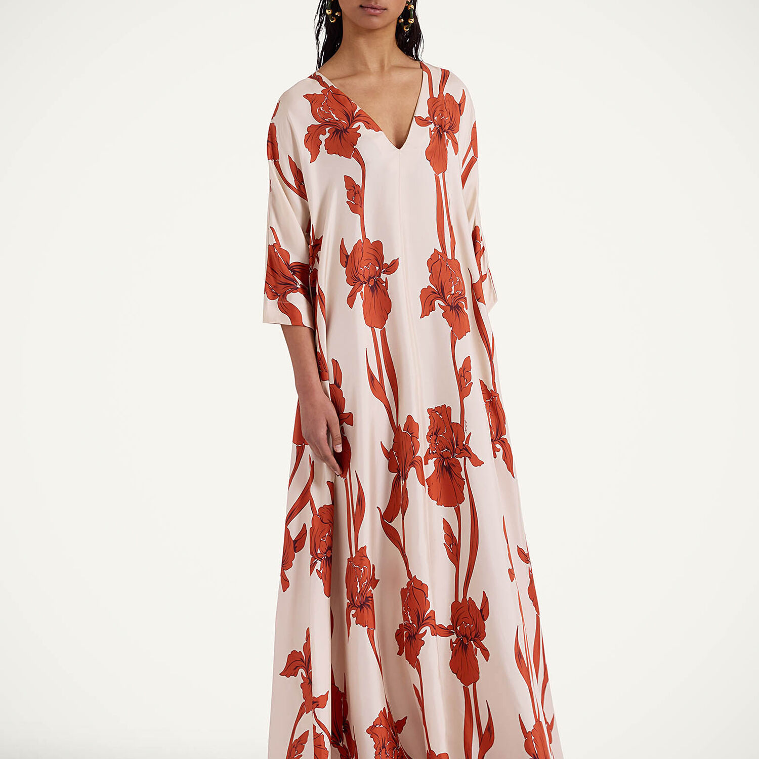 La Doublej La Double J Muumuu Printed Silk-satin Maxi Dress In Iris Dark Orange