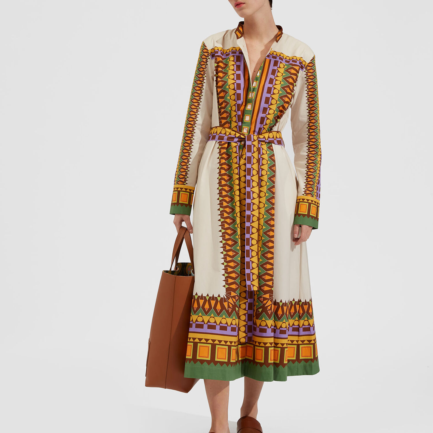 La Doublej Sundowner Abstract-print Belted Midi Shirtdress In Sunset Bianco Placée