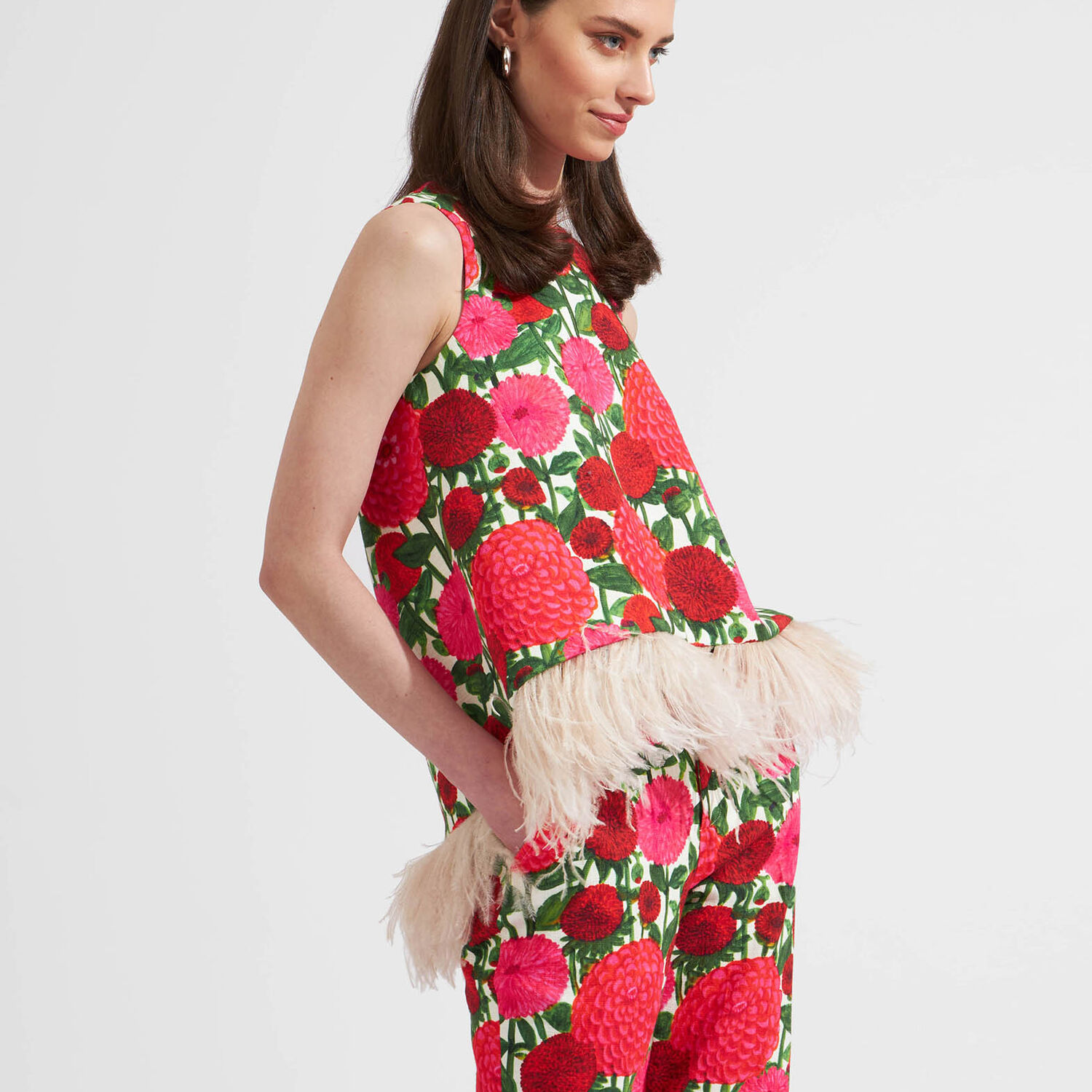 La Doublej La Scala Top (with Feathers) In Pink Dahlias