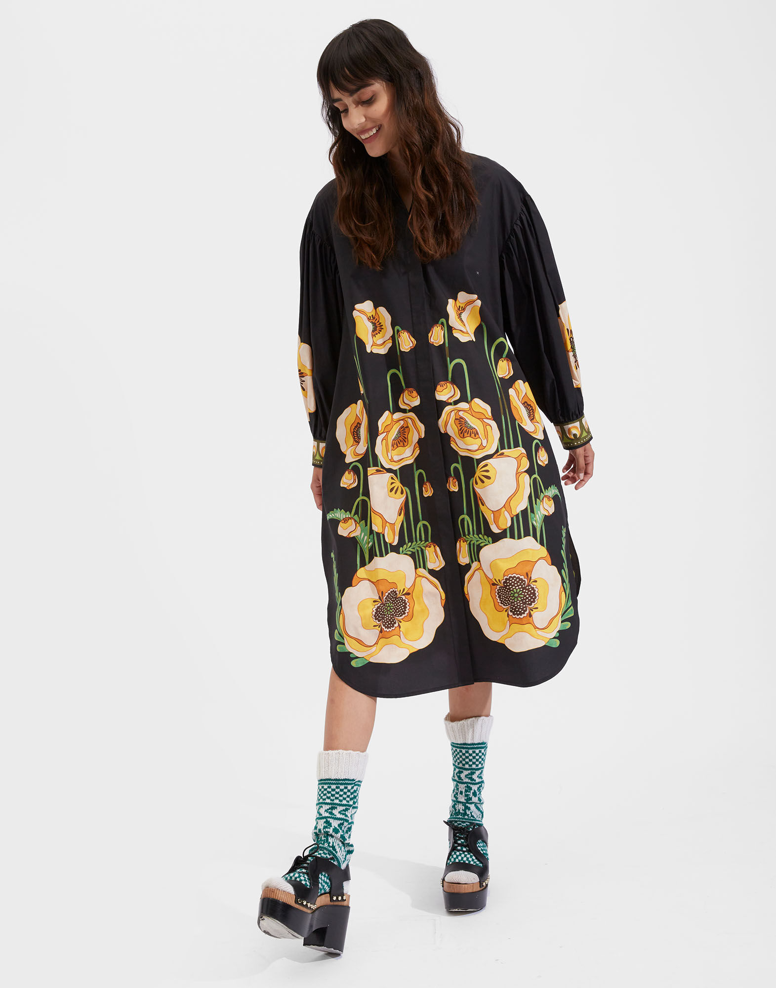 La DoubleJ Big Shirt Dress Poppies Black Plac&eacute;e DRE0280COT015PPP0002