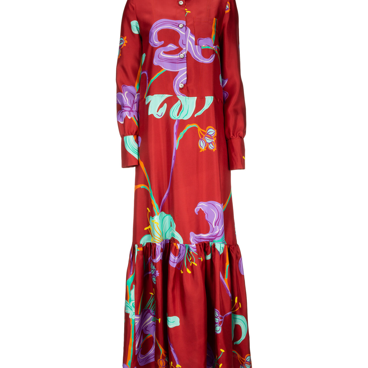La Doublej Printed Silk Maxi Shirt Dress In Maneater Rosso