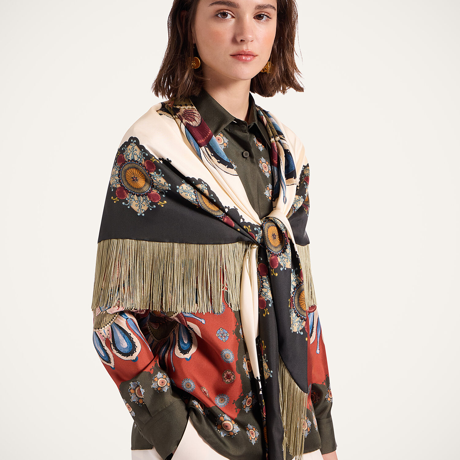 La Doublej Fringe Triangle Scarf In Multi