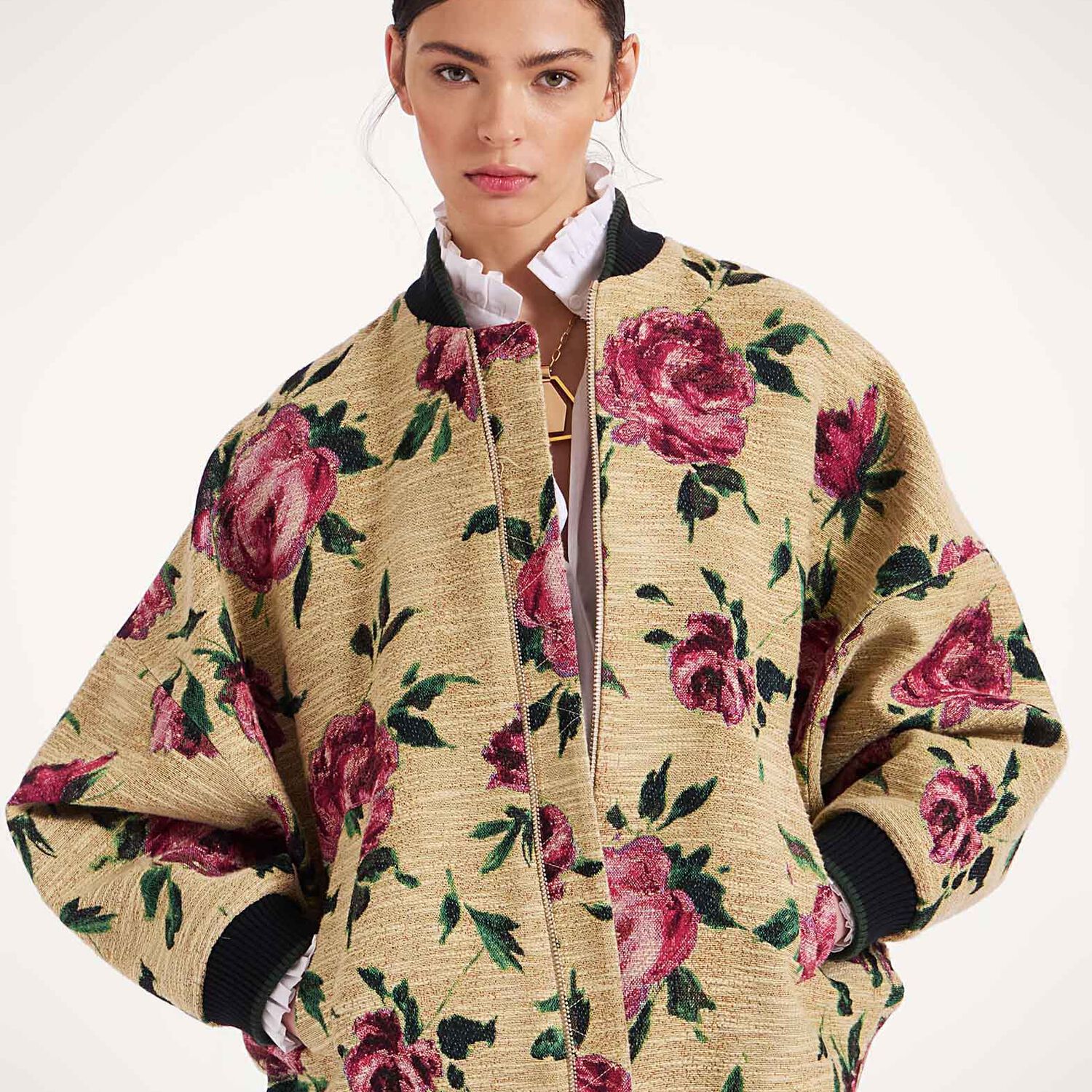 La Doublej Brooklyn Bomber Jacket In Roses Light Beige