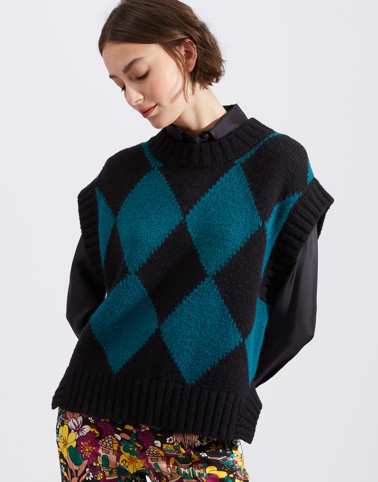 La DoubleJ Argyle Gilet Black / Green TOP0077KNI064VAR0169