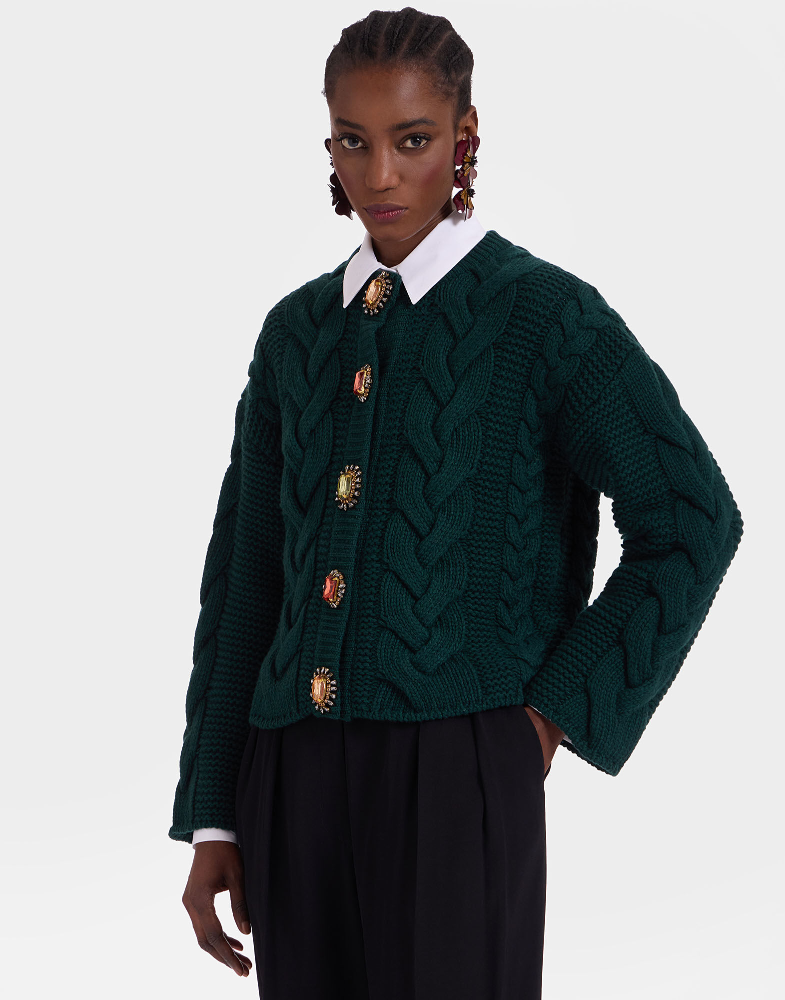 Portrait Cardigan in Solid Green for Women | La DoubleJ