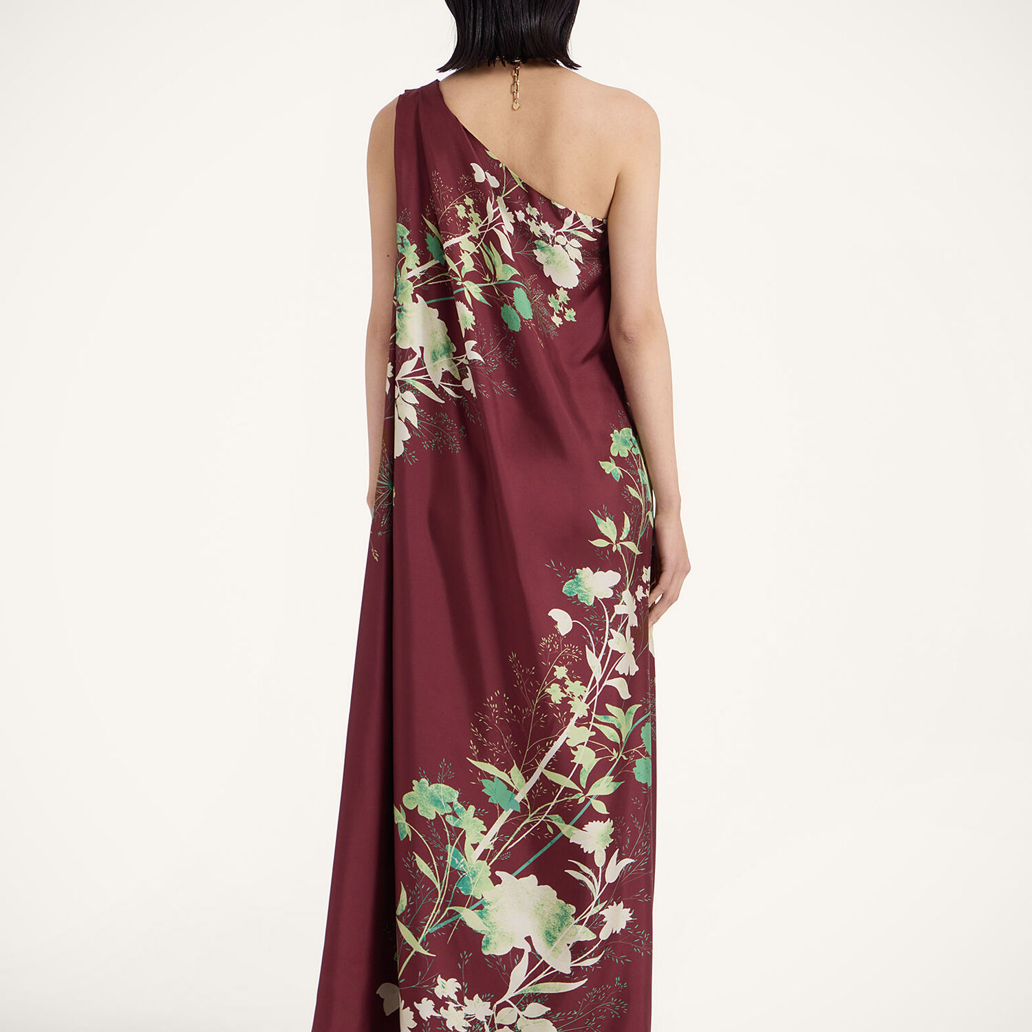 La Doublej Roy One-shoulder Floral Silk Maxi Dress In Woodland Placée Burgundy