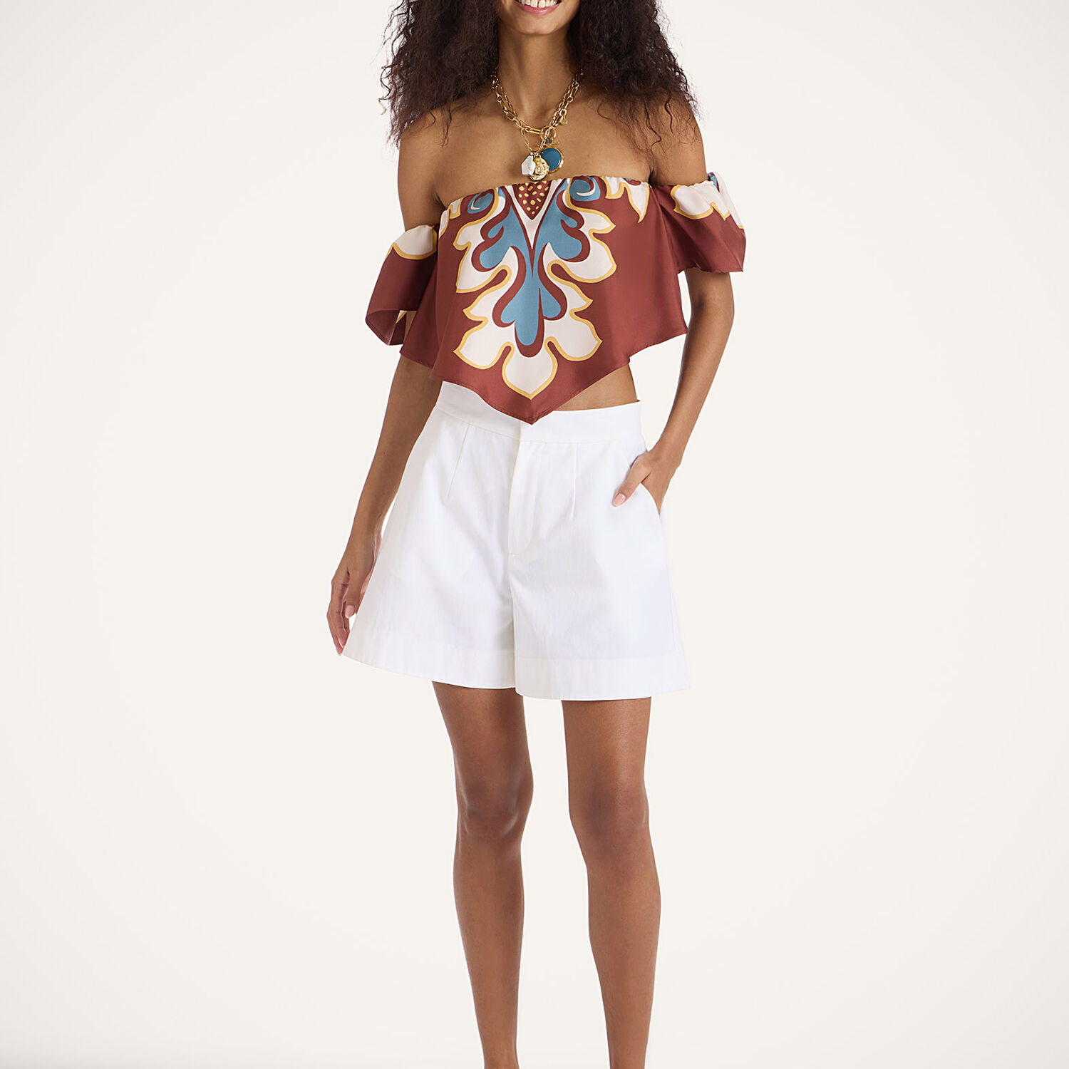 La Doublej Sand Dollar Off-shoulder Silk Top In Brown