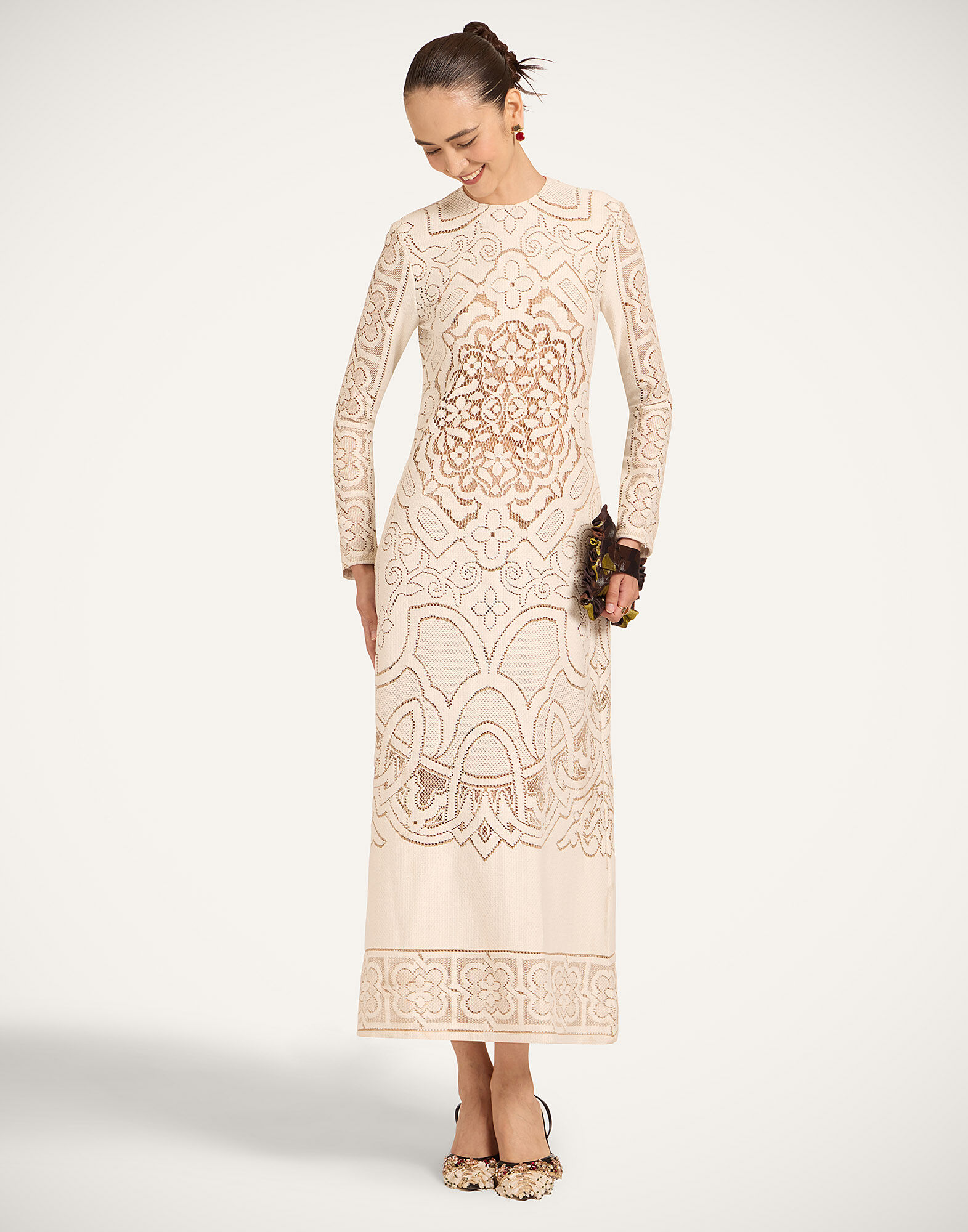 La DoubleJ Lacey Long Sleeve Swing Dress Solid White Smoke DRE0418EMB006WHI0006