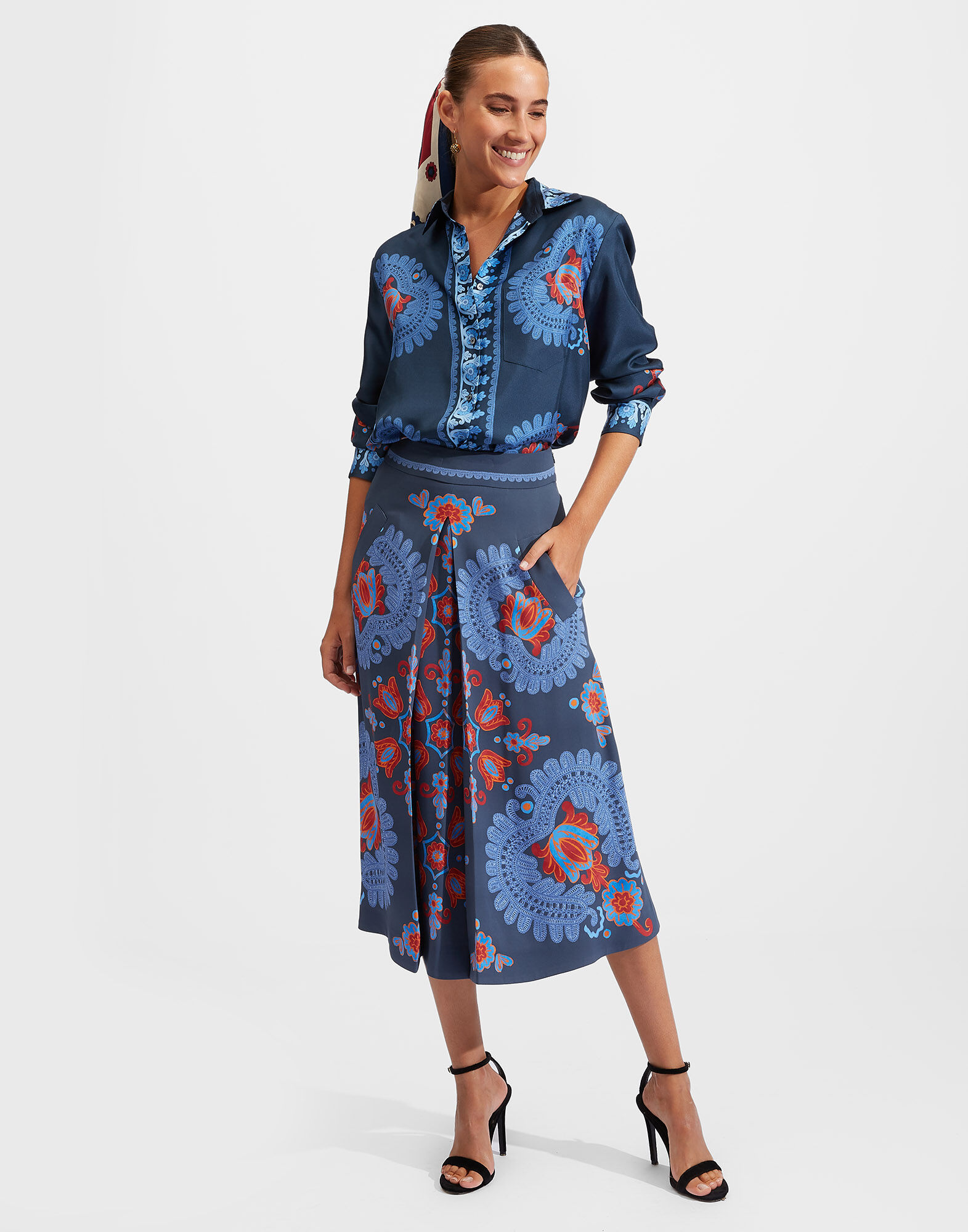 La DoubleJ Santa Monica Skirt Folky Hearts Blue Plac&eacute;e SKI0033VIS006FLH0004