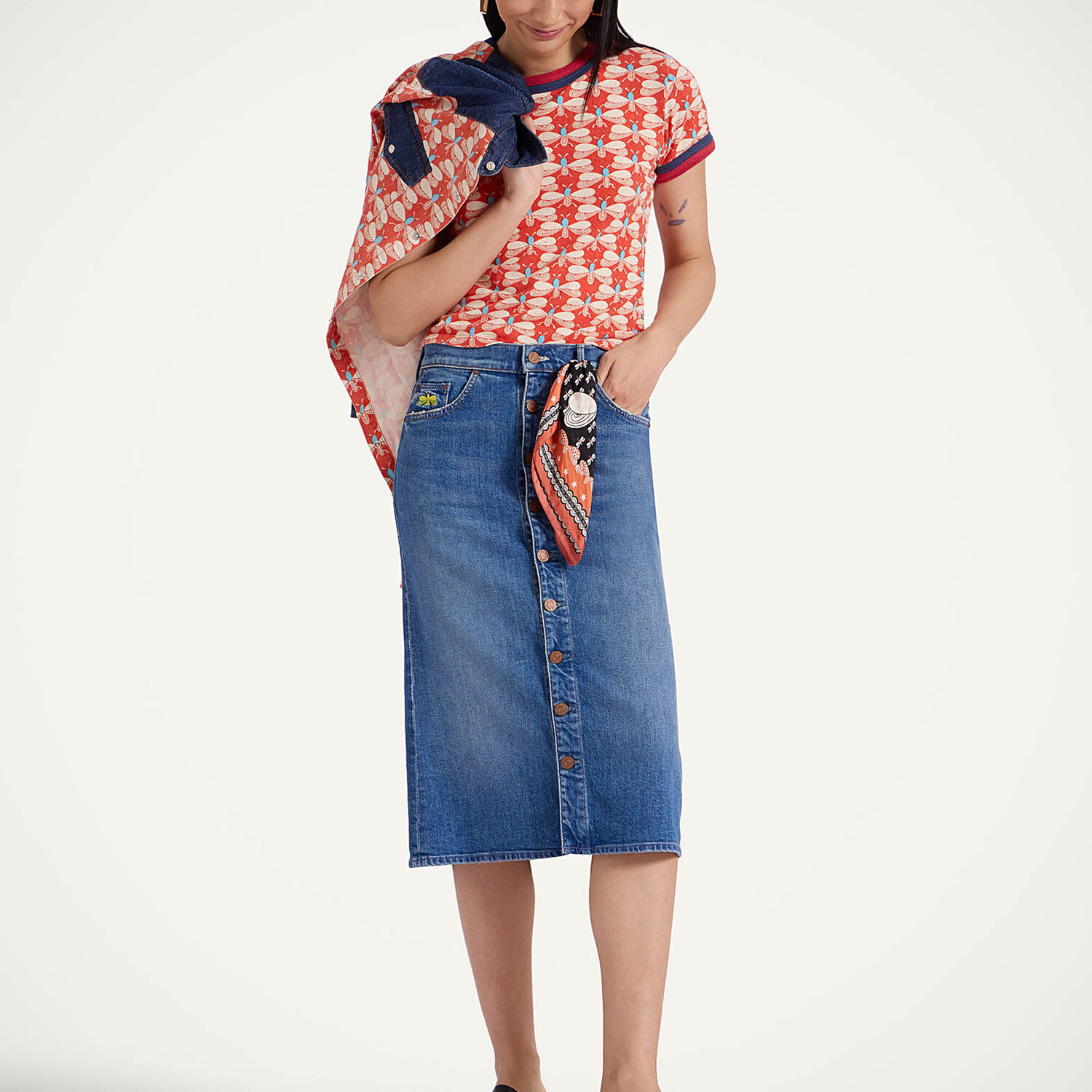 La Doublej The Button Front Vagabond Midi Skirt In Family Affairs Blue