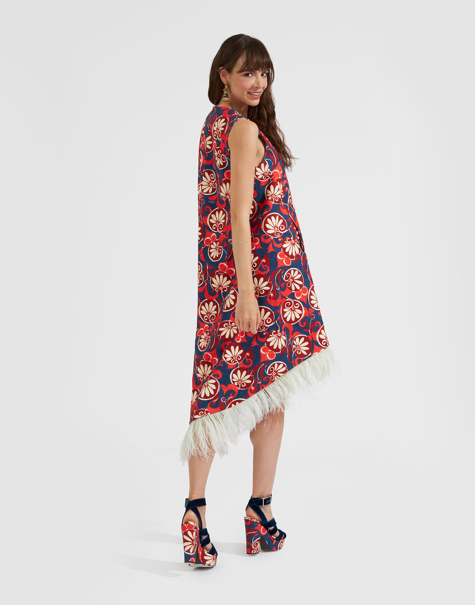 La DoubleJ La Scala High Dress (With Feathers) Moonflower Navy DRE0211COT005MOO01BU06