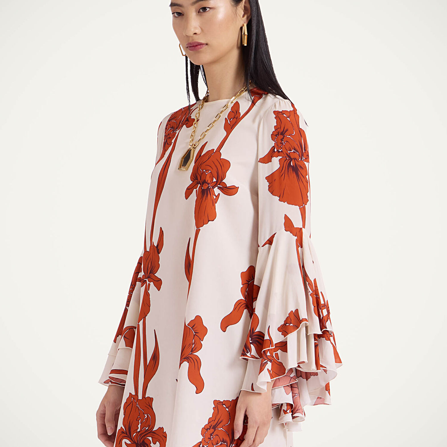 La Doublej Iris Friday Floral Flutter-sleeve Mini Dress In Iris Dark Orange