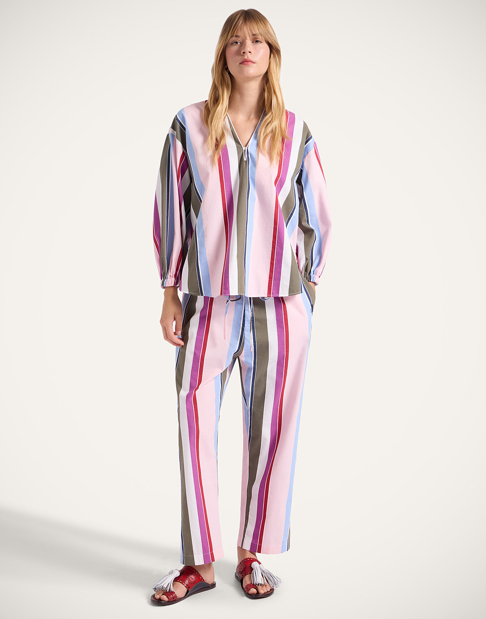 La DoubleJ Drawstring Pants Stripes Multicolor Pink TRO0053COT078CLB22PI01