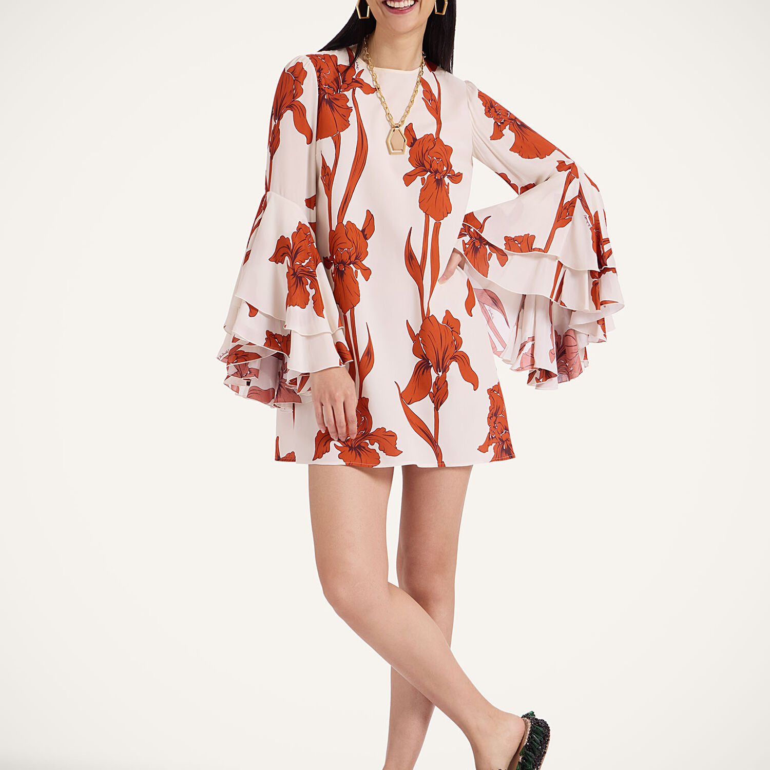 La Doublej Iris Friday Floral Flutter-sleeve Mini Dress In Iris Dark Orange