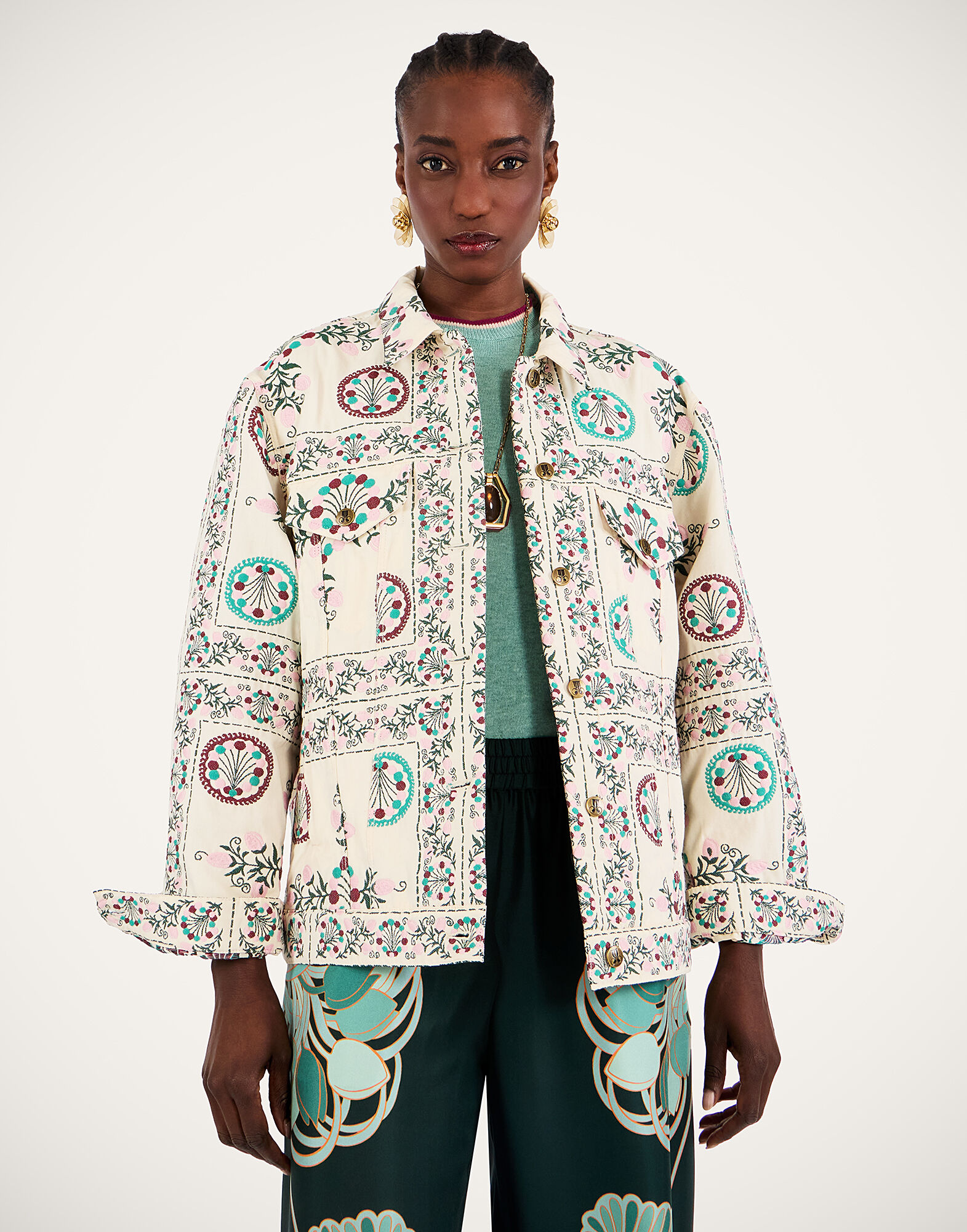 La DoubleJ The Oversized Jean Jacket Florette Tiles Ecru JAC0190JCQ137FLO09BR05