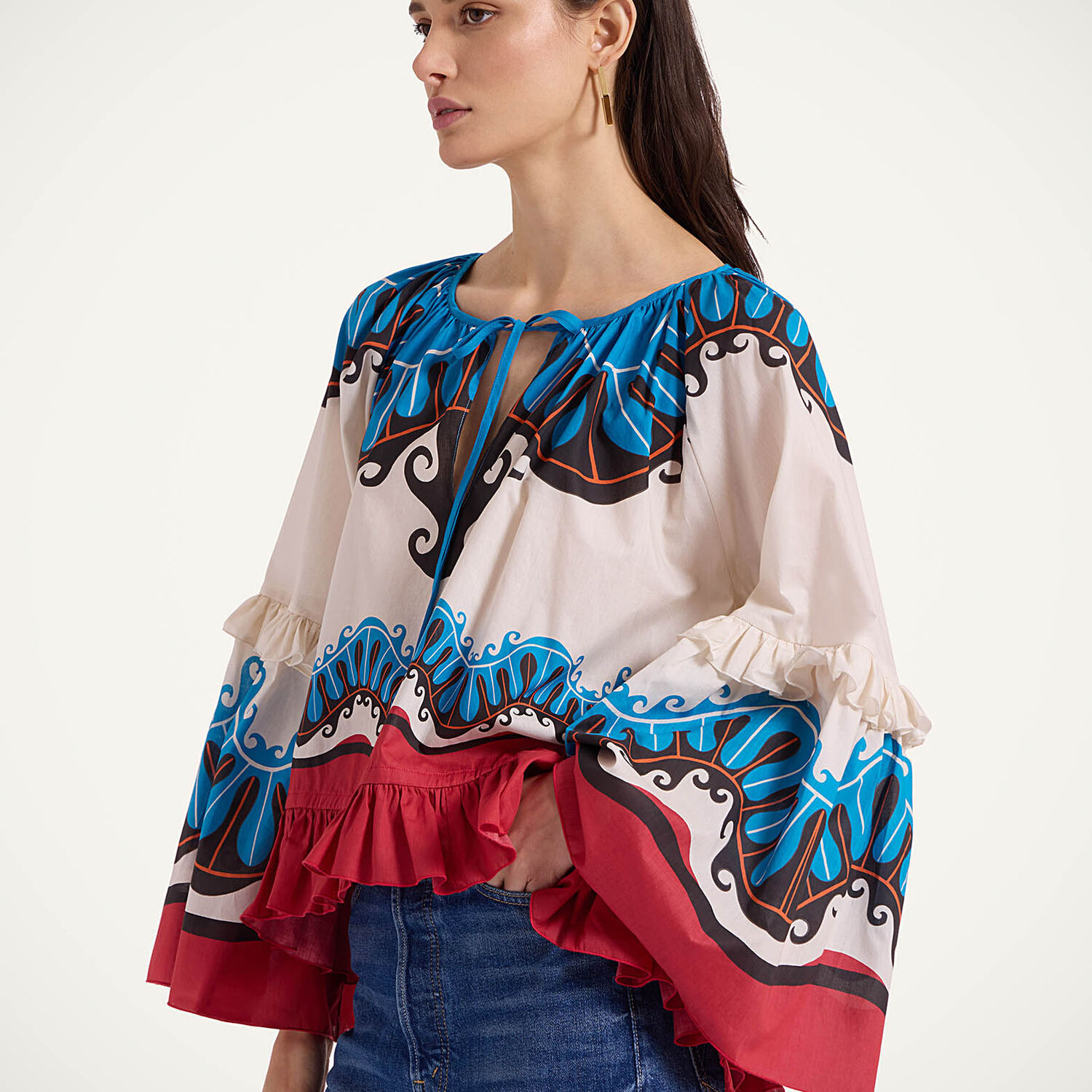 La Doublej Boho Tie-detailed Printed Cotton Peplum Blouse In Pacific Placée Blue Petrol