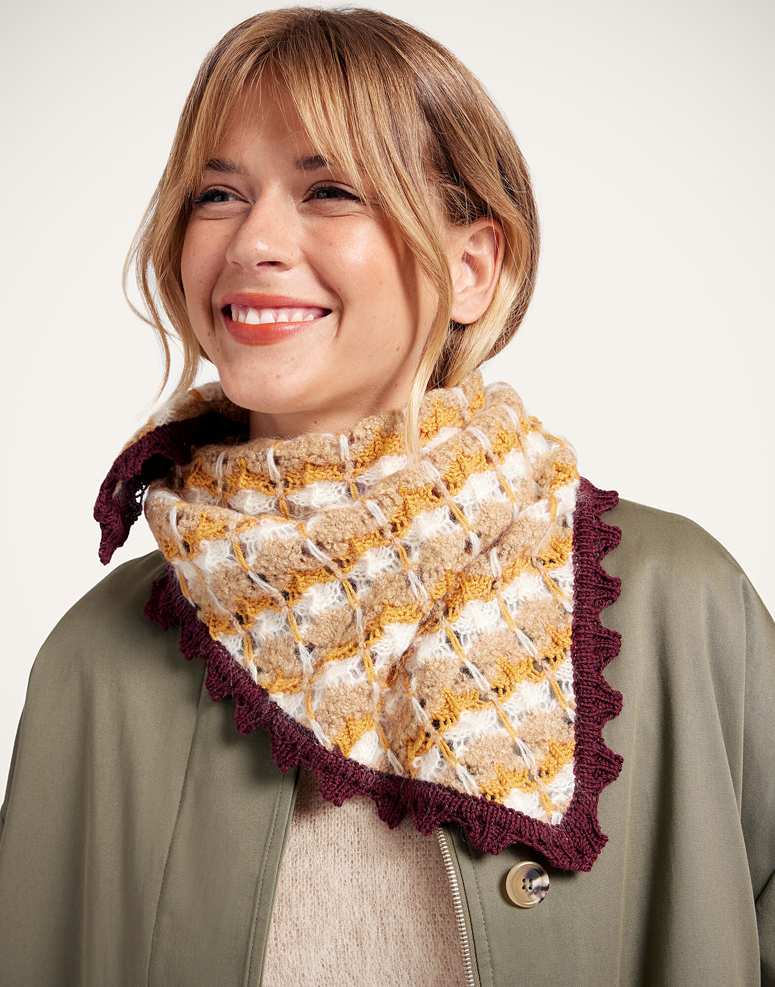 La DoubleJ Crochet Triangle Scarf Multicolor Ocher & White SCA0068KNI168VA407OR06