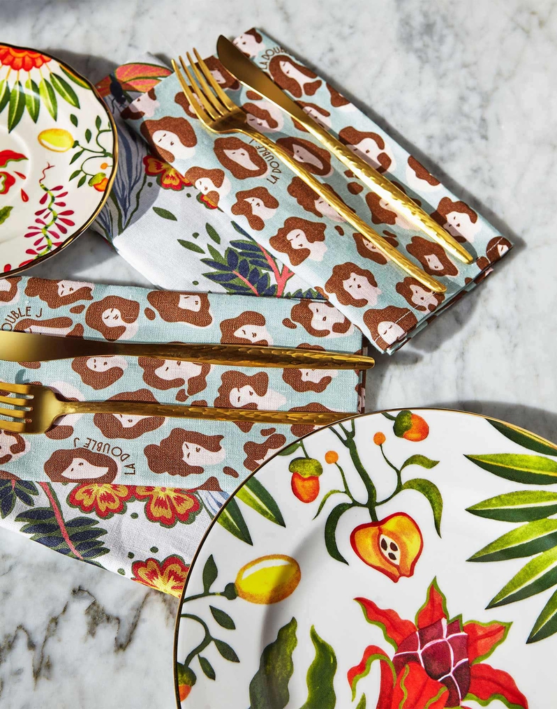La DoubleJ Large Napkins Set Of 2 La DoubleJ Large Napkins Set Of 2 Lady Leopard Acqua NAP0006LIN001LLE0002