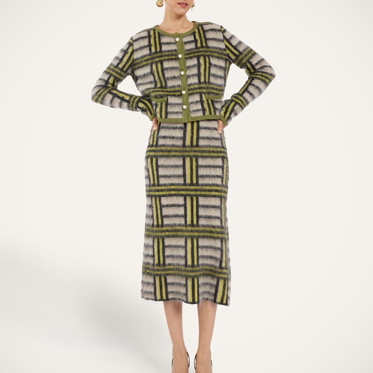 La Doublej All-in Skirt In Kells Check Ecru, Light Green, And Black