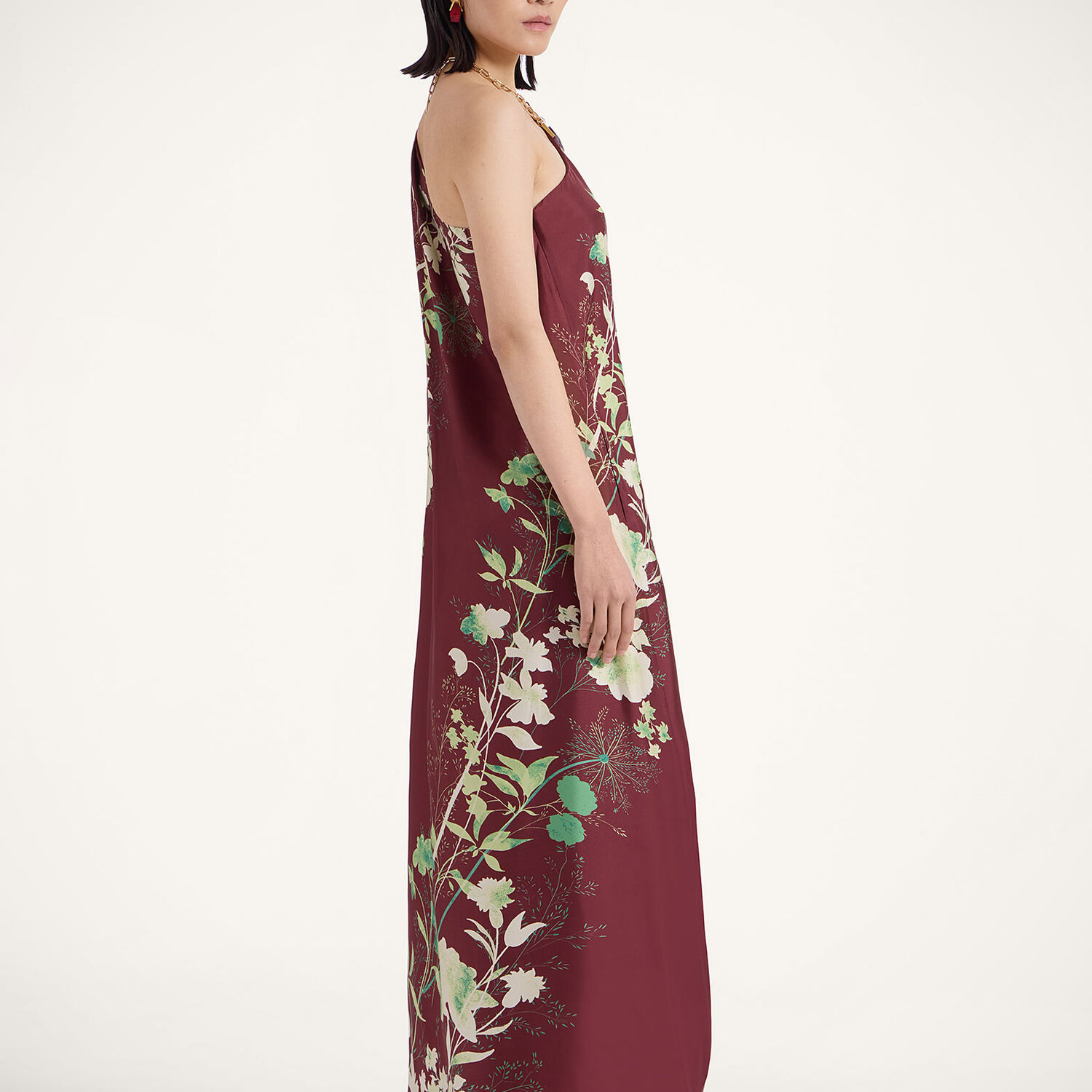 La Doublej Roy One-shoulder Floral Silk Maxi Dress In Woodland Placée Burgundy