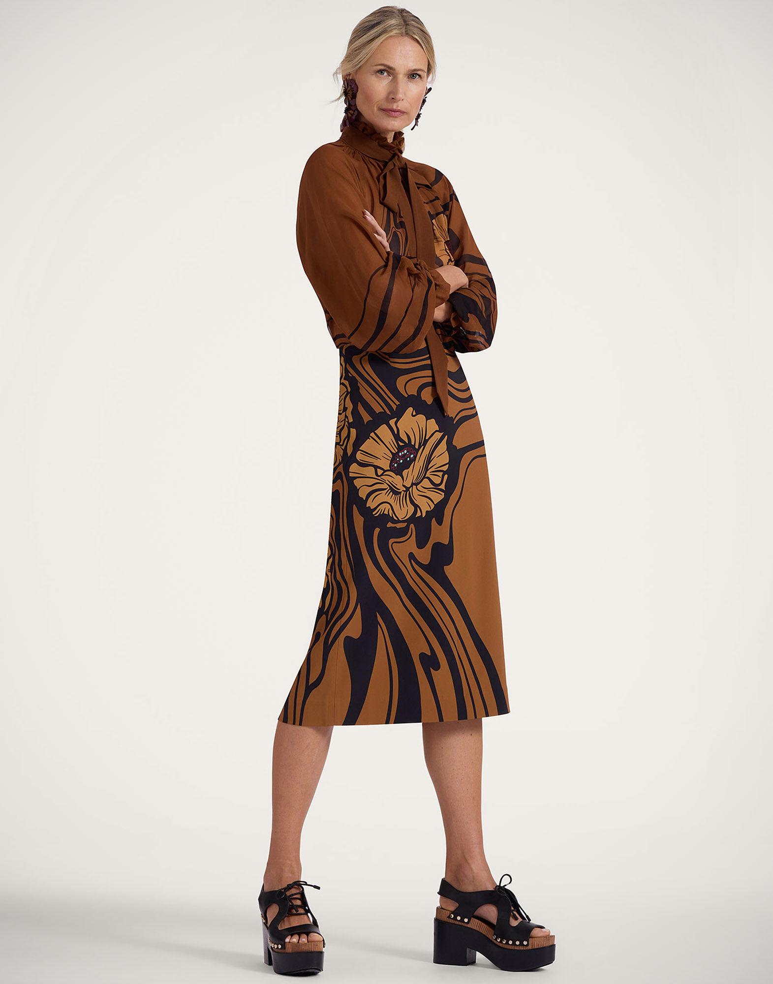 Pencil Skirt in Big Blooms Placée Brown for Women | La DoubleJ