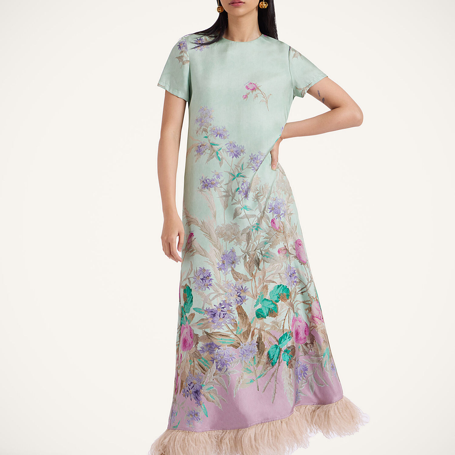 La Doublej Swing Green Midi Dress With Feathered Hem And All-over Floral Print In Silk Woman In Heath Placée Mint