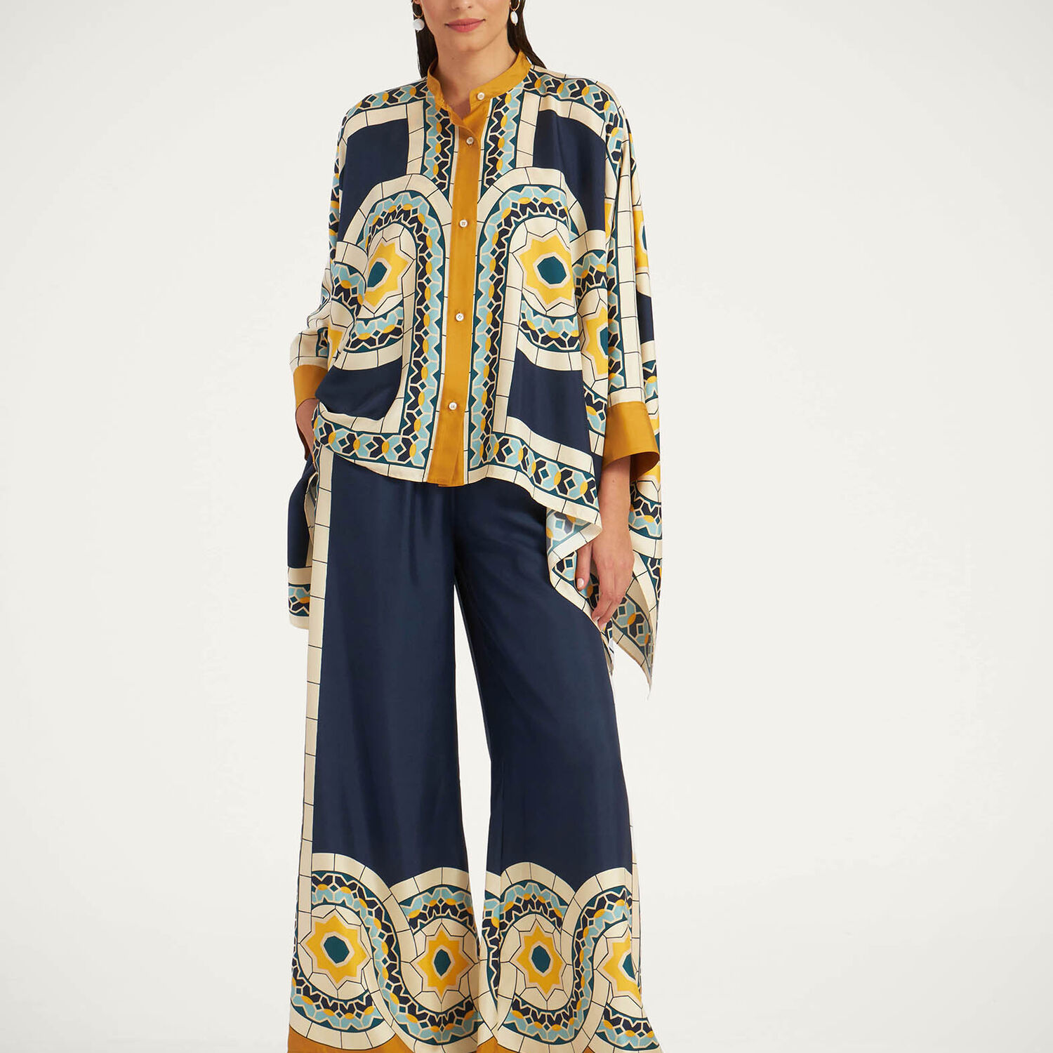 La Doublej La Double J Printed Silk-twill Trousers In Mudejar Placée Blue