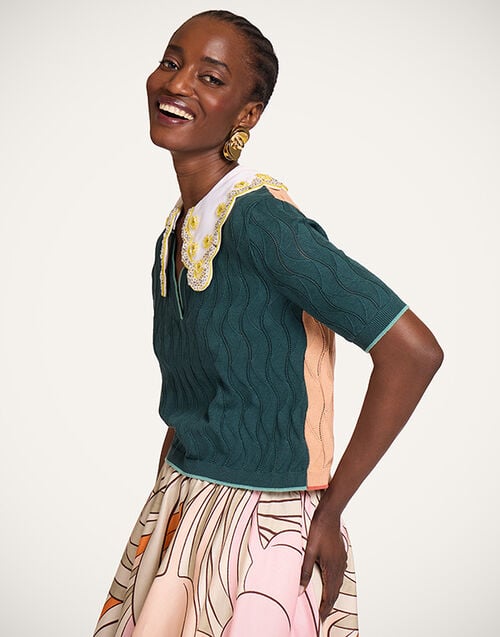 La DoubleJ Crop Polo Color Block Teal & Coral PUL0359KNI197VA466BU07