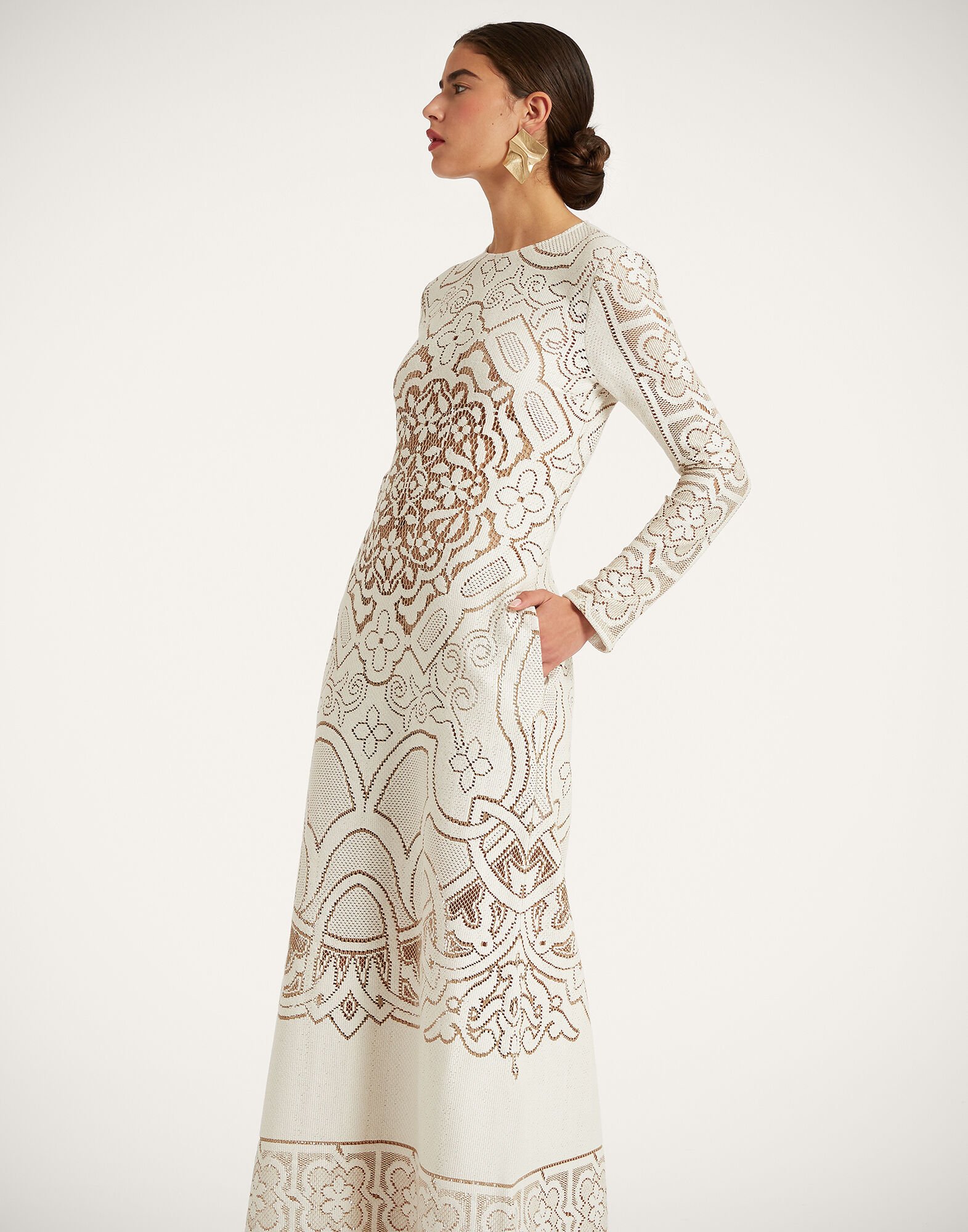 Lacey Long Sleeve Swing Dress in Solid White Smoke for Women