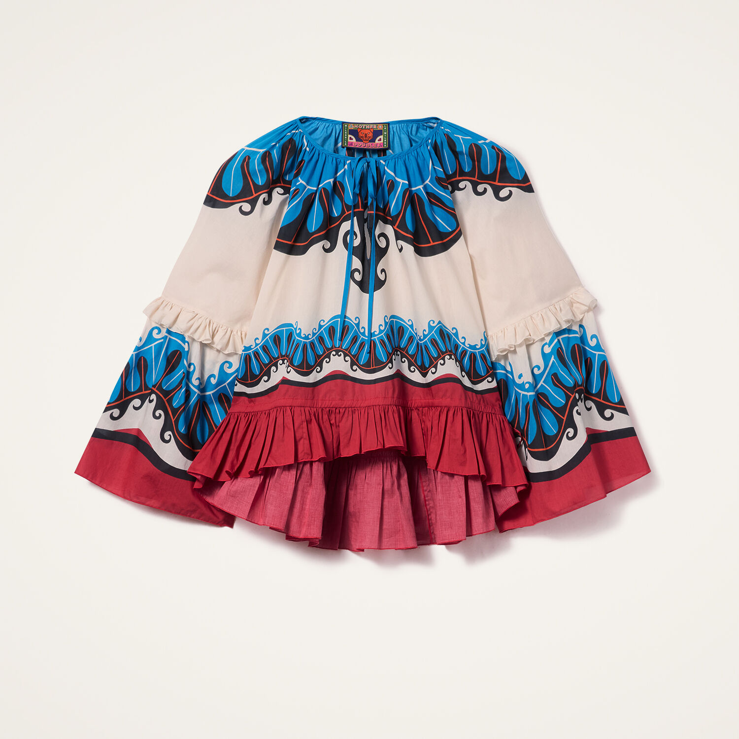 La Doublej Boho Tie-detailed Printed Cotton Peplum Blouse In Pacific Placée Blue Petrol