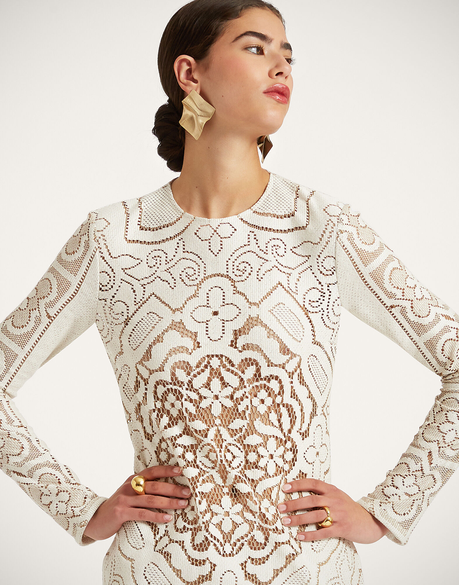 La DoubleJ Lacey Long Sleeve Swing Dress Solid White Smoke DRE0418EMB006WHI0006