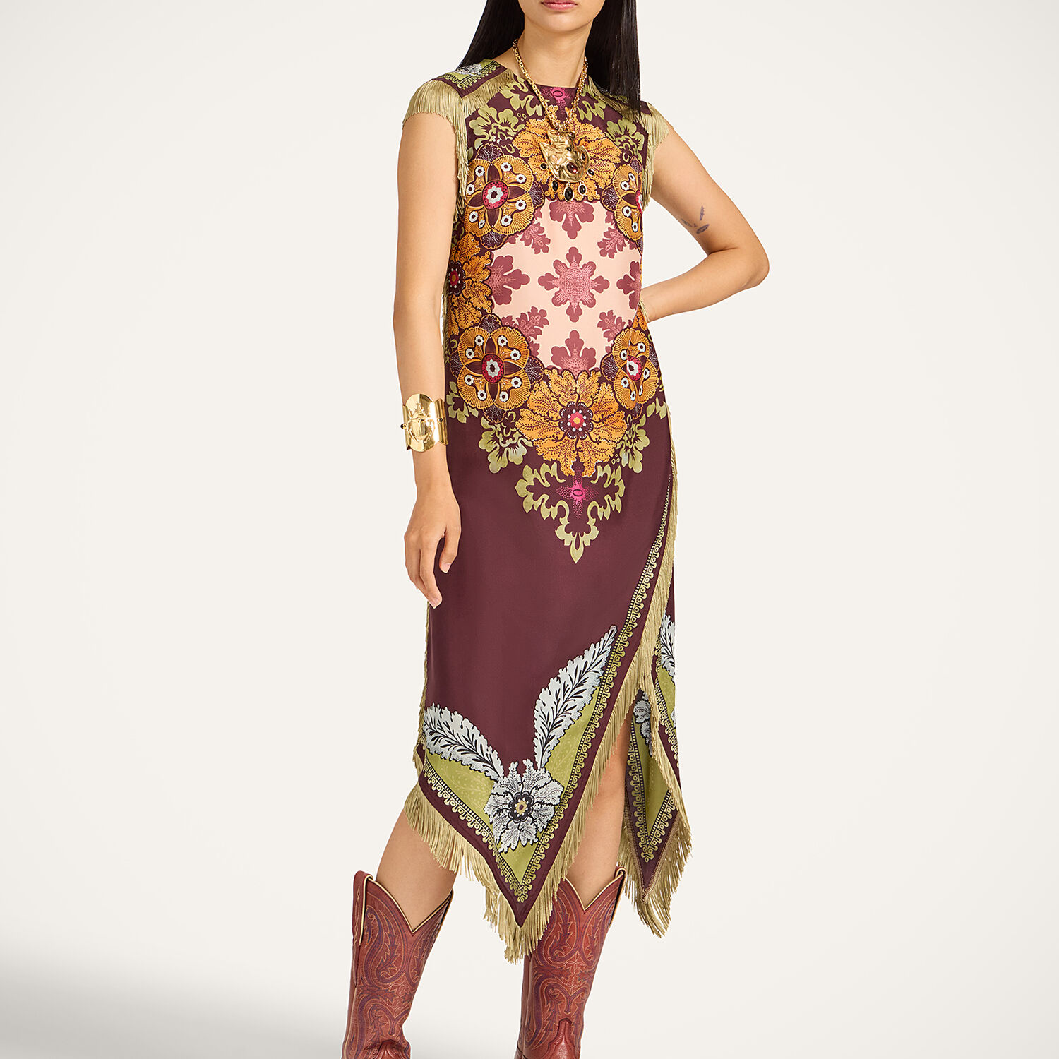 La Doublej Valkyrie Asymmetric Fringed Printed Silk Dress In Multi