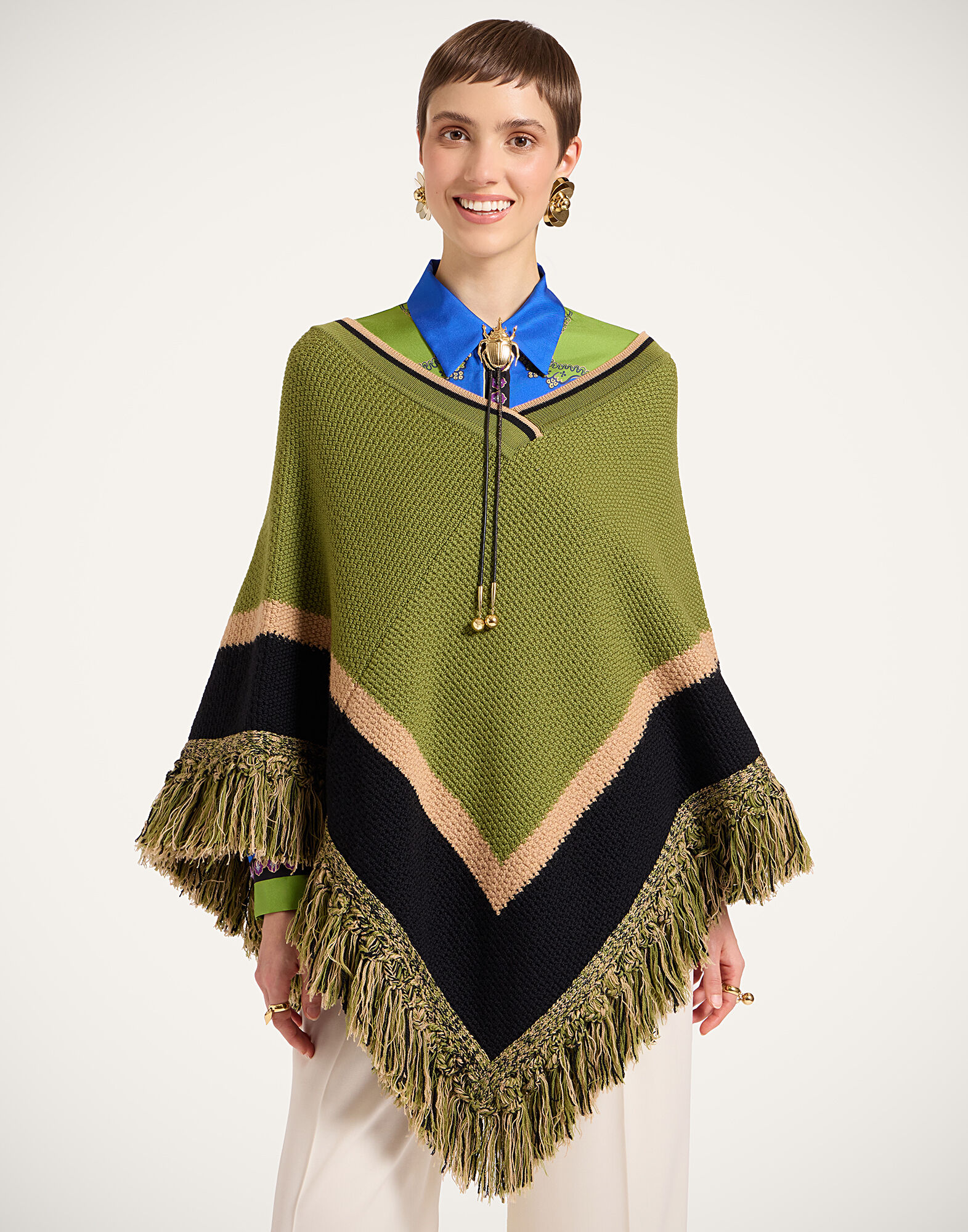 La DoubleJ Dreamcatcher Poncho Color Block Green & Brown SCA0089KNI180VA424BR02