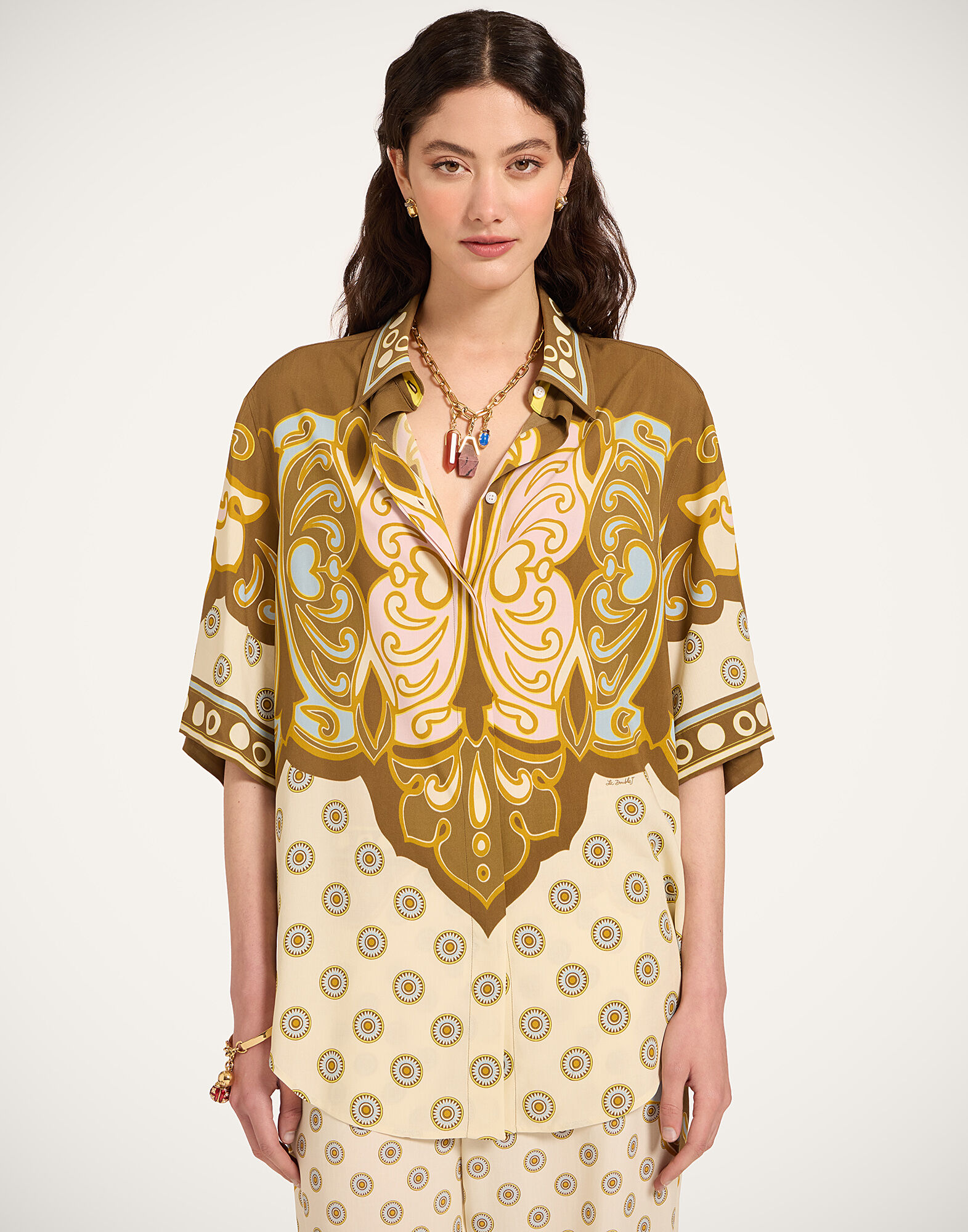 La DoubleJ Club Shirt Cocoon Plac&eacute;e Brown SHI0171VIS032COC02BR02