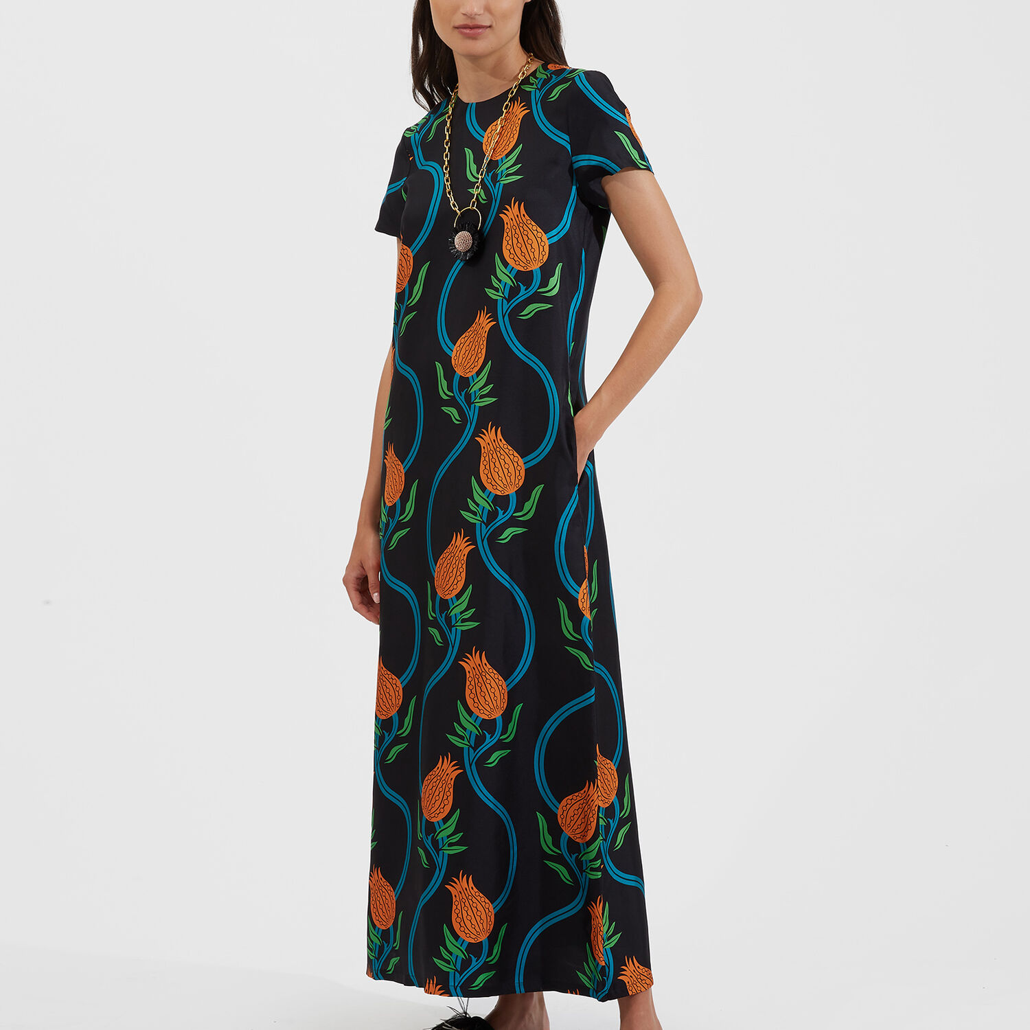 La Doublej Floral-print Silk Midi Swing Dress In Melograno Nero