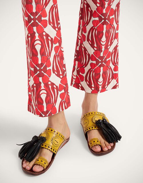 Sandy Slides Solid Yellow in Leather With Tassels by La DoubleJ