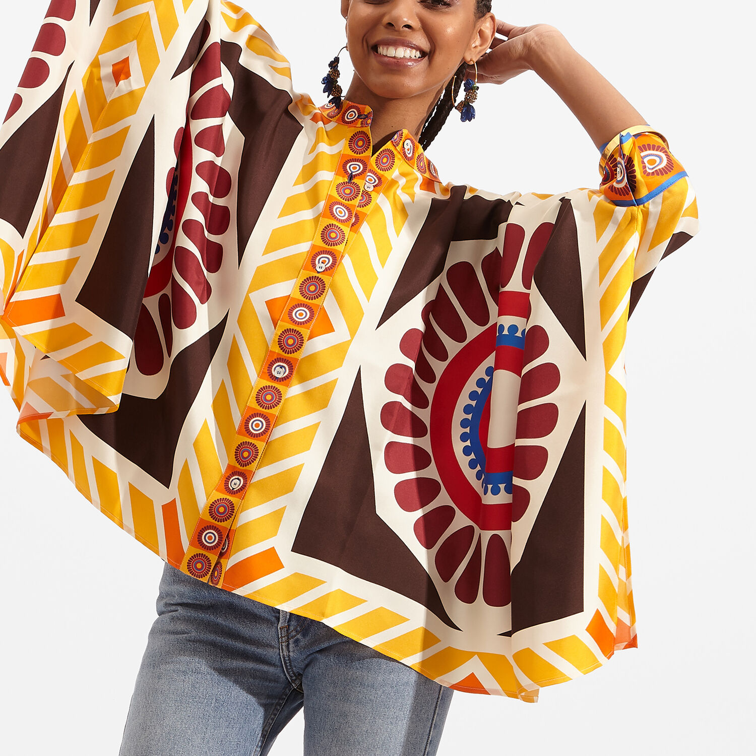 La Doublej Cape-effect Printed Silk-twill Shirt In Solar Placée