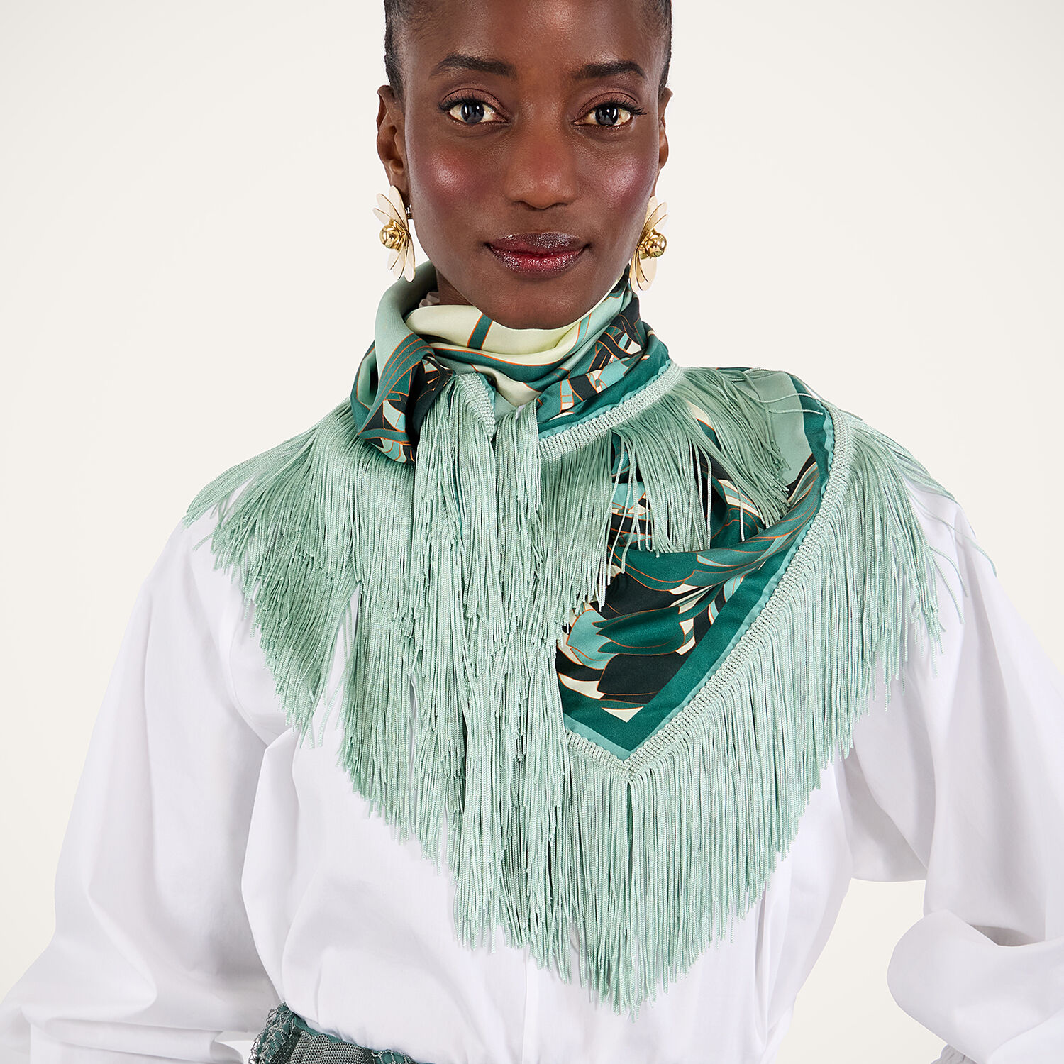  La Doublej Foulards & Scarves Women - Reversible Fringe Foulard 90 Blooming Tulip Placée Mint One Size 100% Silk 