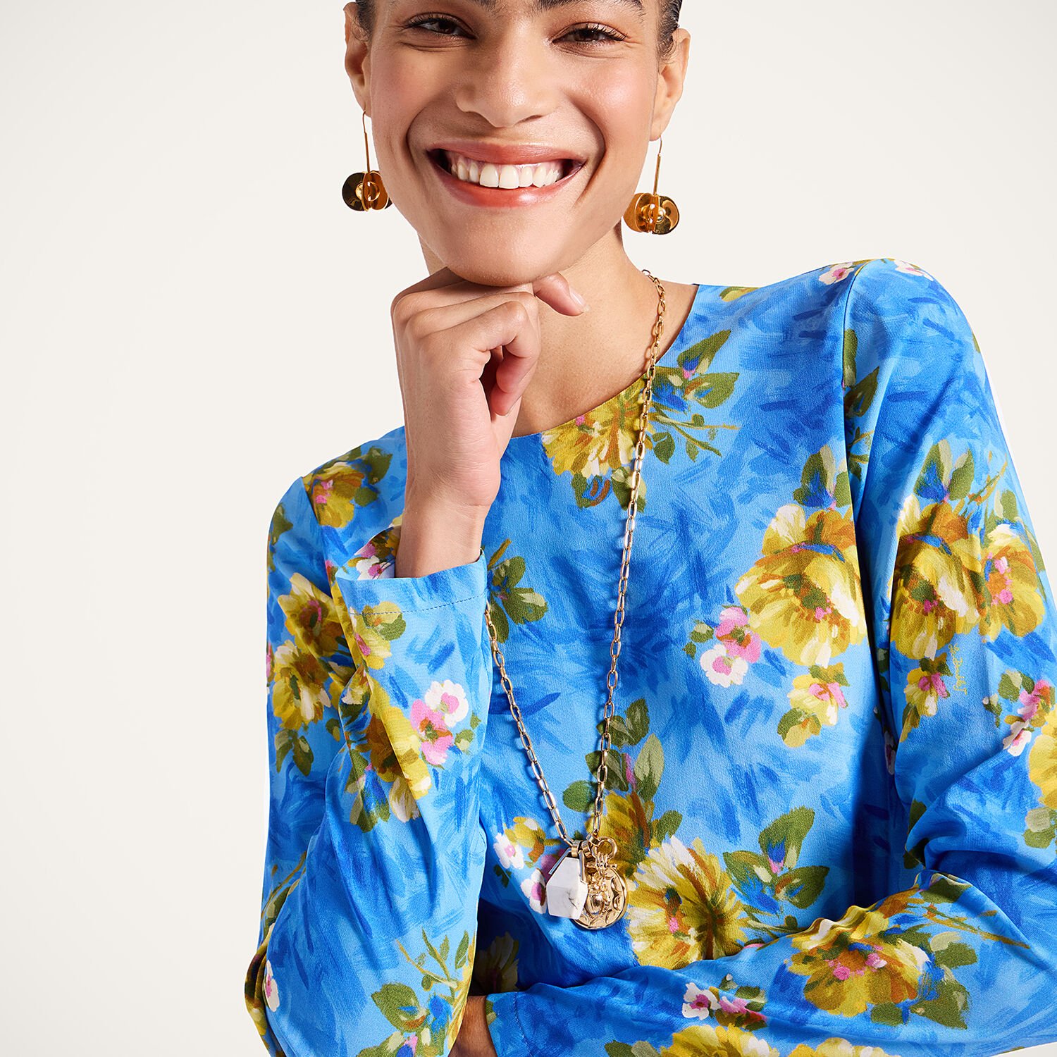 La Doublej Long-sleeve Floral-print Maxi Dress In Blue