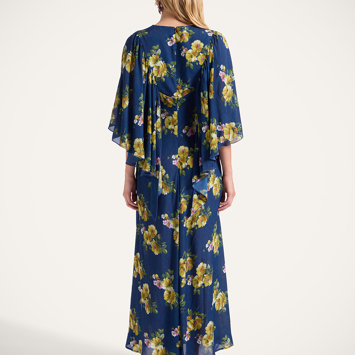 La Doublej Floral-print Cape-sleeve Maxi Dress In Blue