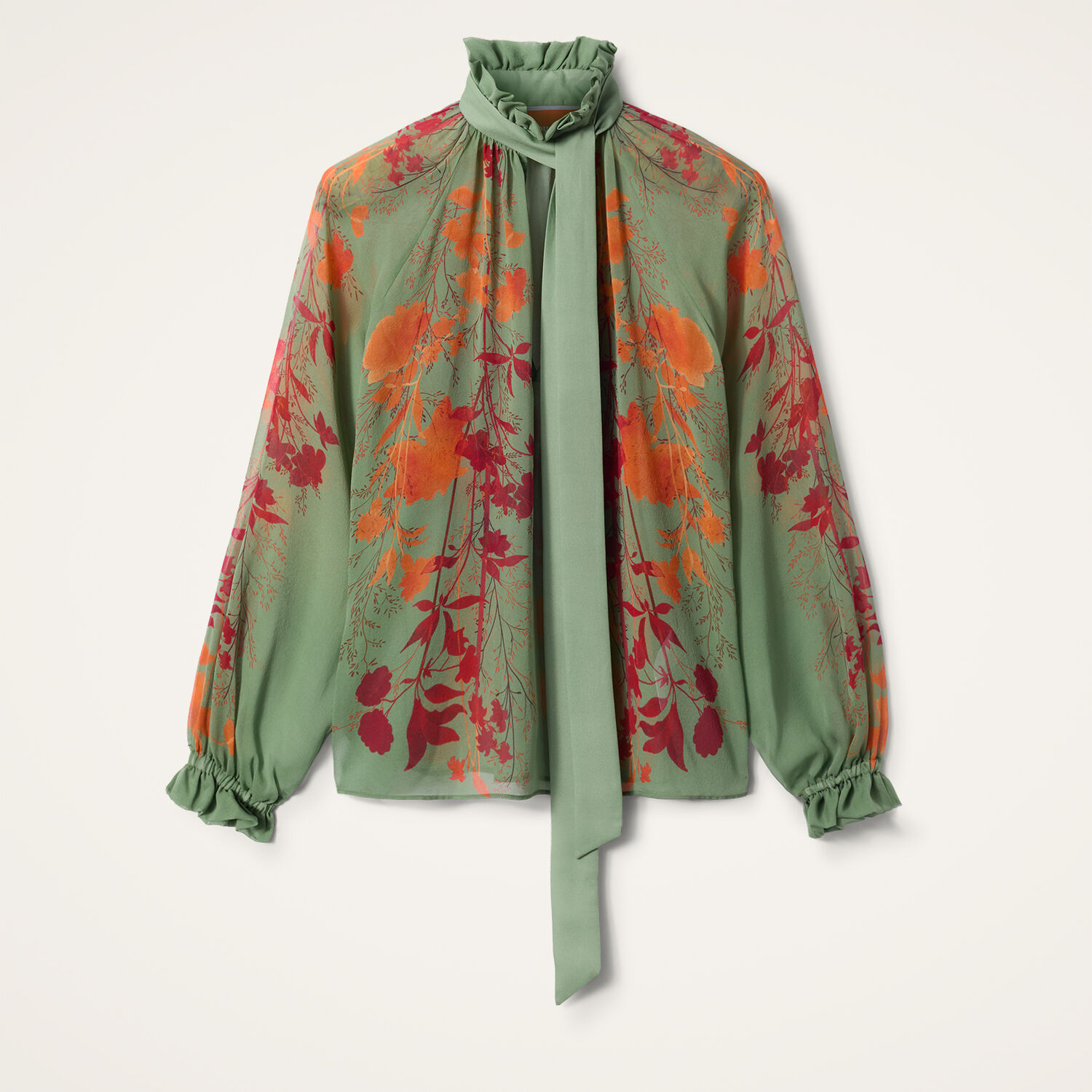 La Doublej La Double J High-neck Silk Shirt With Floral Print In Woodland Placée Camouflage