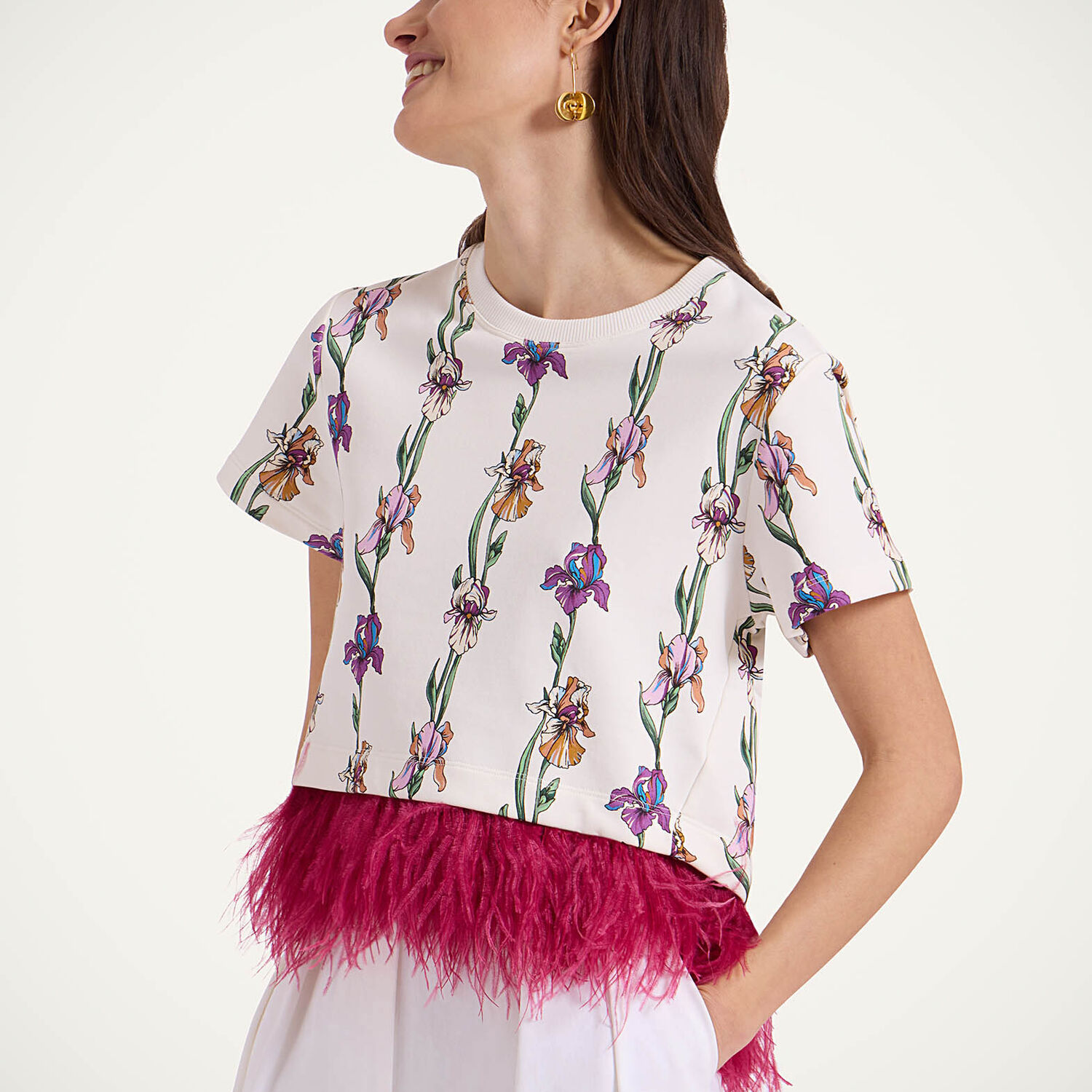 La Doublej La Scala Feather-trimmed Cotton Top In Mini Iris Ivory
