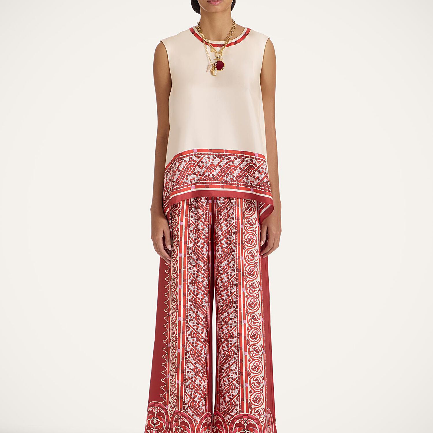 La Doublej Icon Palazzo Printed Silk-twill Wide-leg Pants In Red