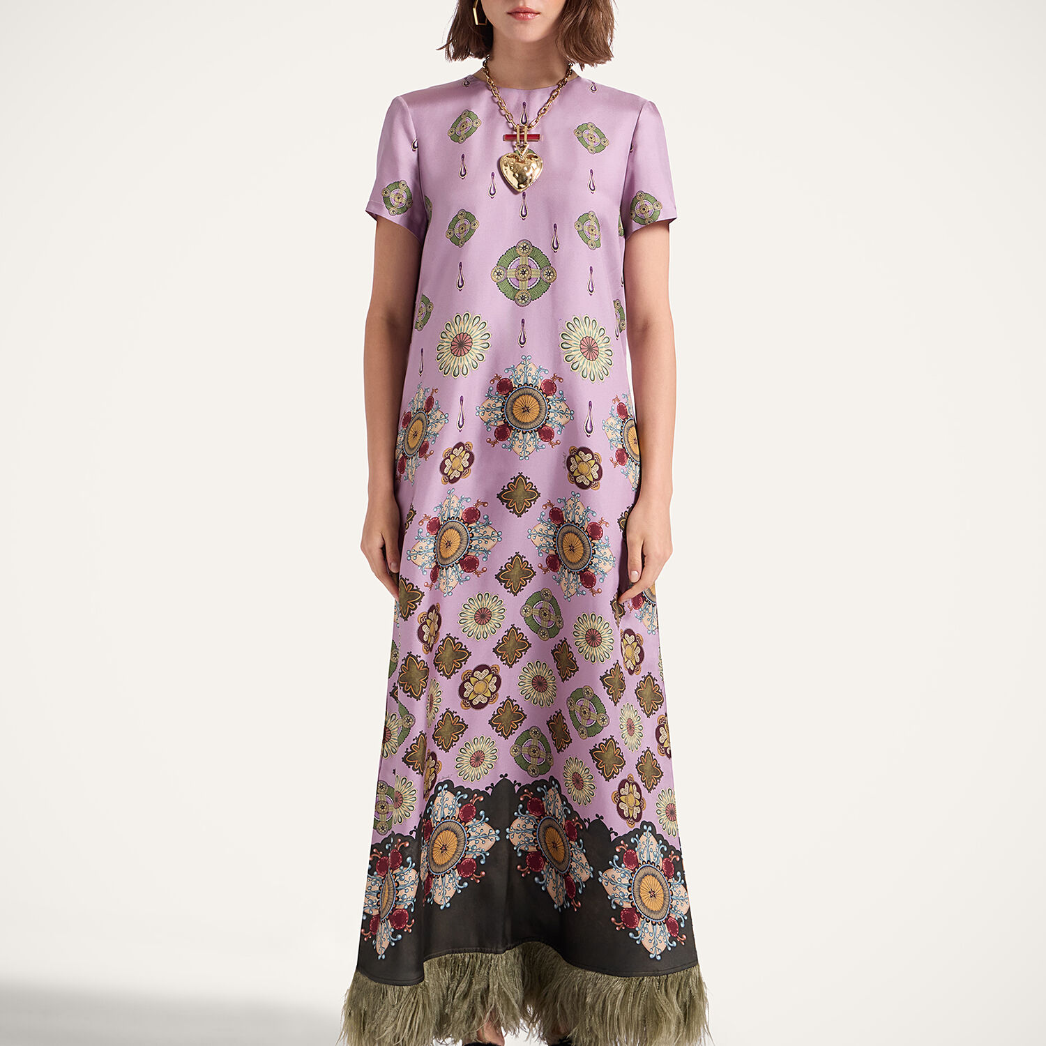 La Doublej Swing Feather-trimmed Printed Silk-twill Maxi Dress In Pink