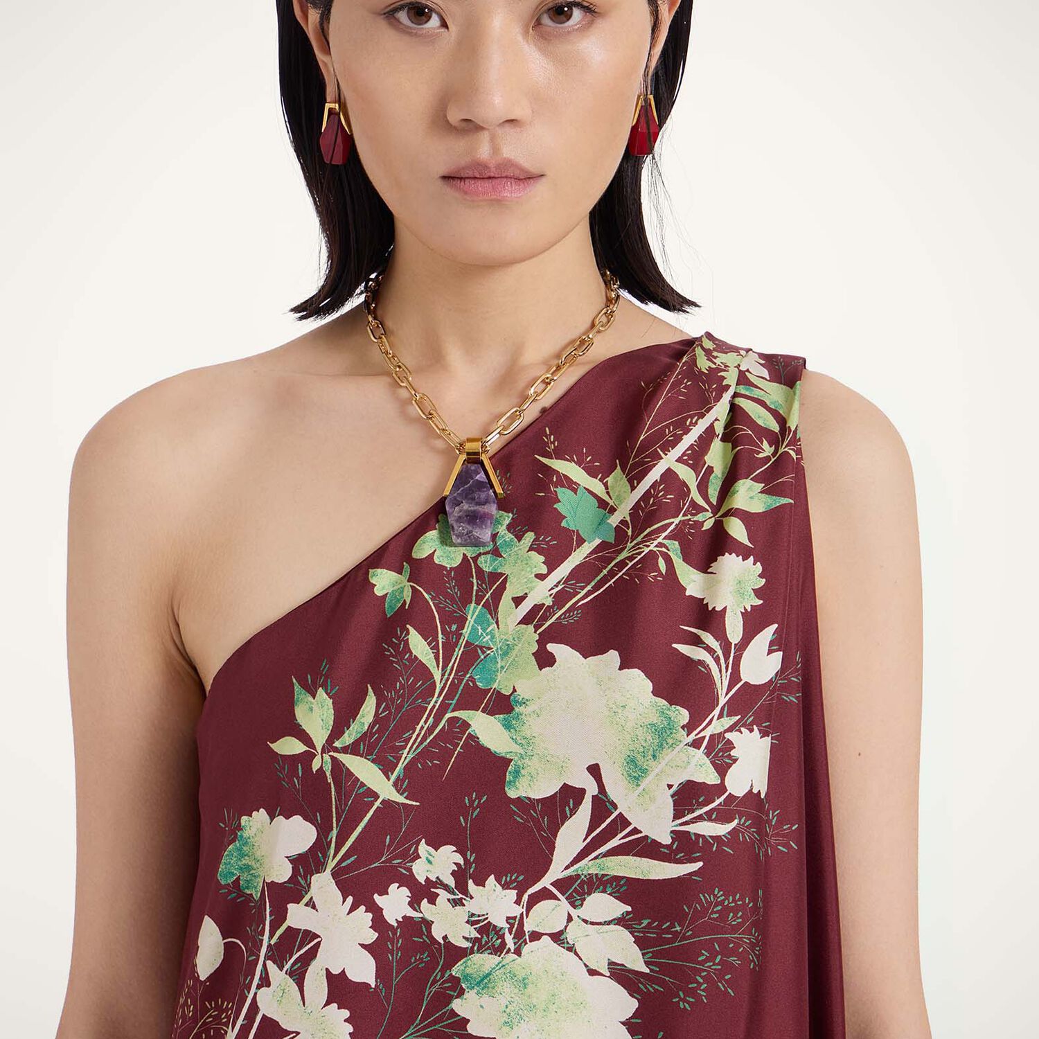 La Doublej Roy One-shoulder Floral Silk Maxi Dress In Woodland Placée Burgundy