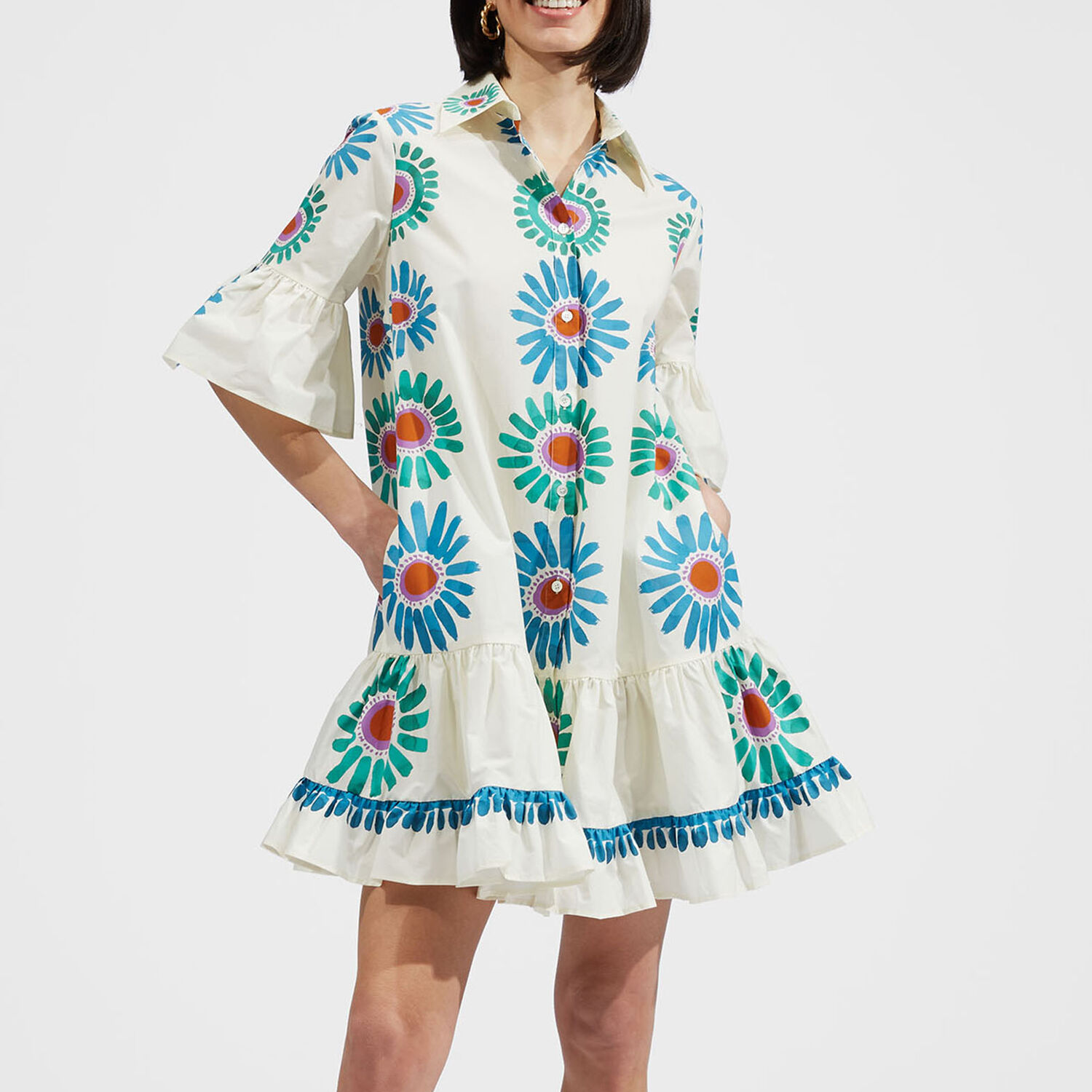 La Doublej Choux Ruffled Tiered Floral-print Cotton-poplin Shirt Dress In Daisy Placée White