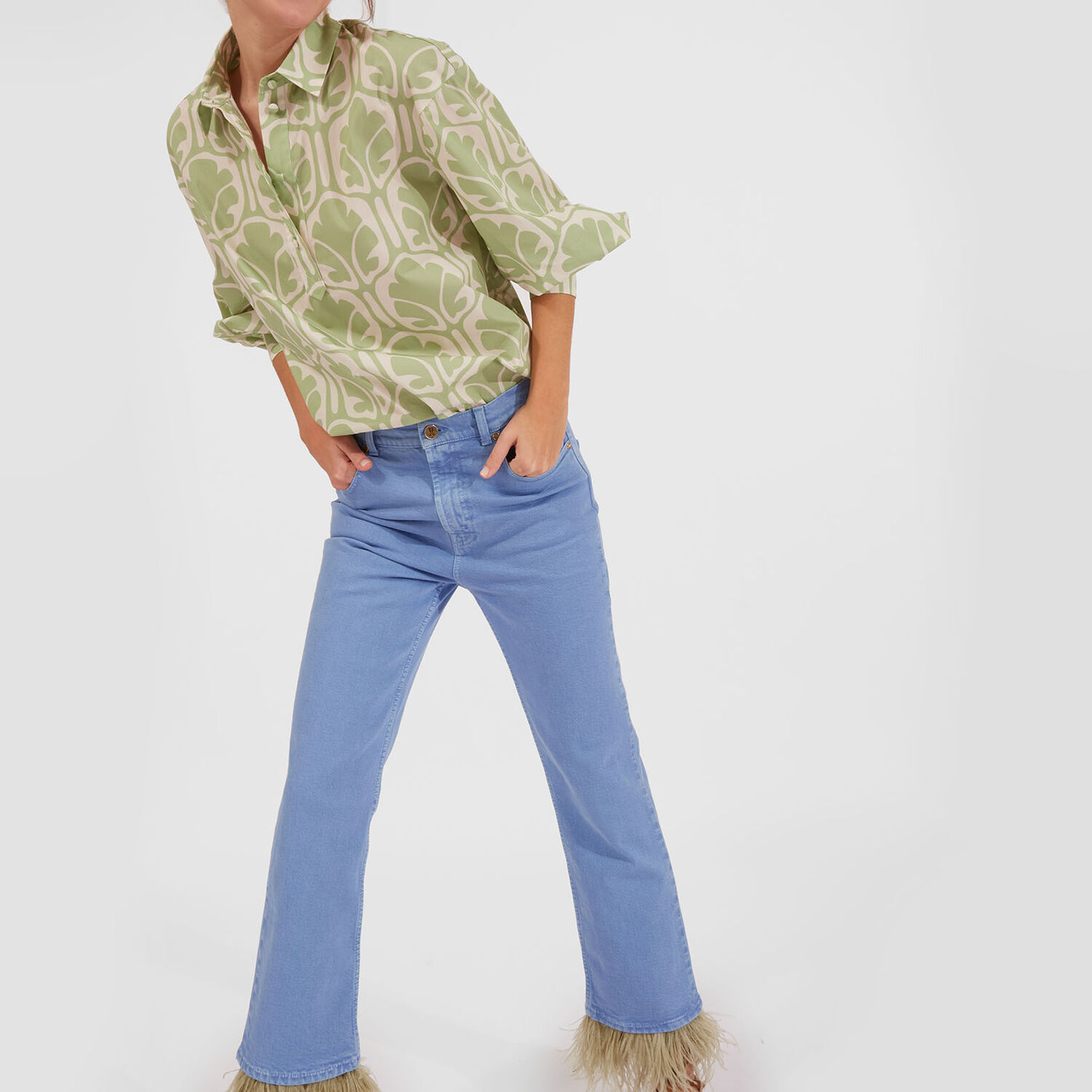 La Doublej Fancy Crop Jeans (with Feathers) In Light Blue