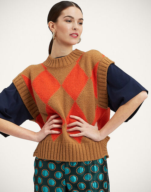 La DoubleJ Argyle Gilet Camel / Orange TOP0077KNI064VAR0123